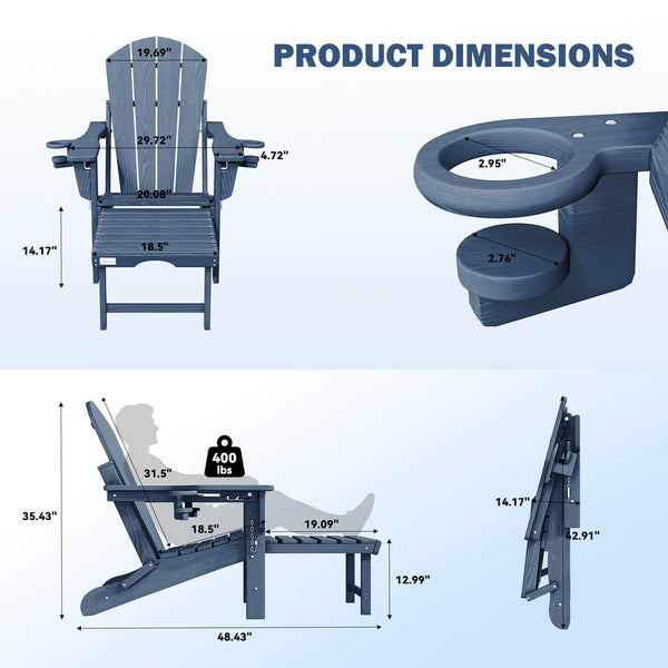 HOMREST 3-Level  Adjustable Adirondack Chair with Retractable Ottoman, Folding HDPE Outdoor Chair with Cup Holders, Navy Blue