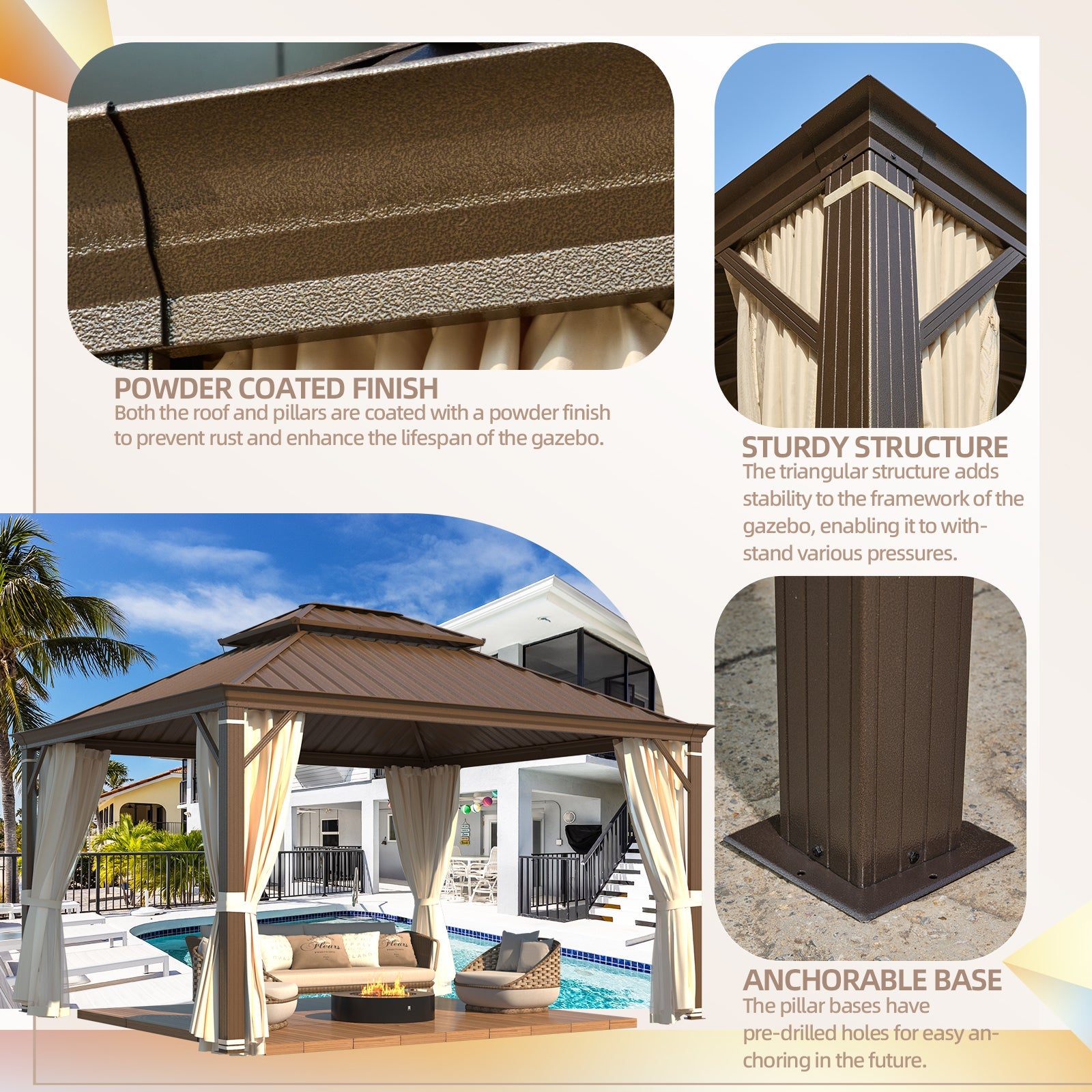 Homrest 12' x 16' Hardtop Gazebo with Aluminum Frame, Dark Gray