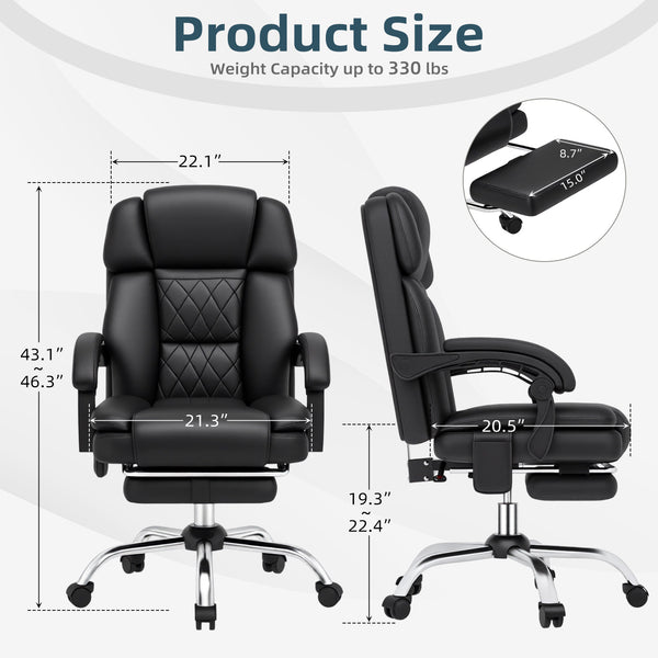 HOMREST 6-Point Massage Office Chair with Heat, Ergonomic Reclining Desk Chair with Footrest, PU Leather Executive Chairs for Home Office, Massaging Computer Chair Gift for Men, Black