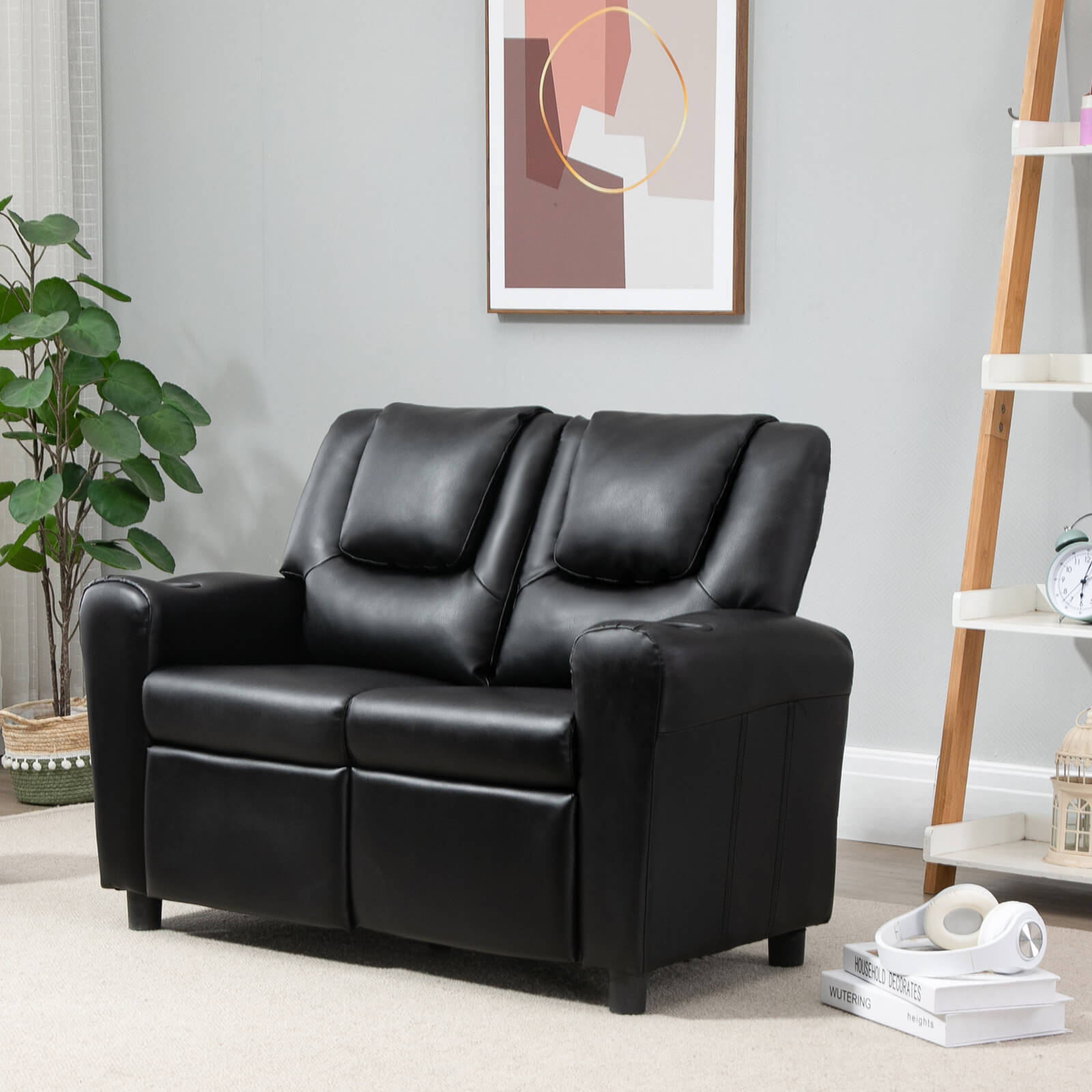 HOMREST Kids Recliner Chair, Double Kids Sofa Chair w/Cup Holder PU Leather, Toddler Loveseat Couch w/Adjustable Footrest & Headres for Boys Girls 3+ Age Group, Classic Black