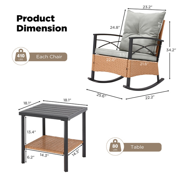 HOMREST 3-Piece Bistro Set: Outdoor Rattan Rocking Chairs with Cushions and Coffee Table