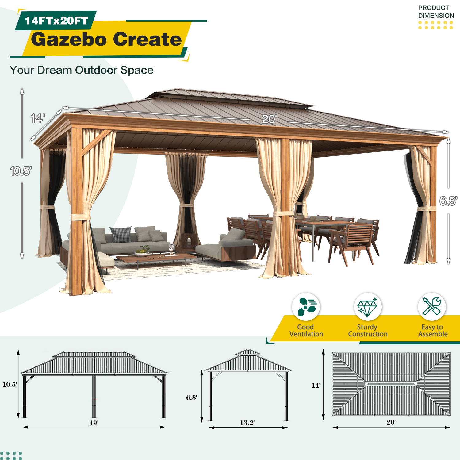 HOMREST 14X20 Grill Gazebo with Galvanized Hardtop Roof, Wood Grain