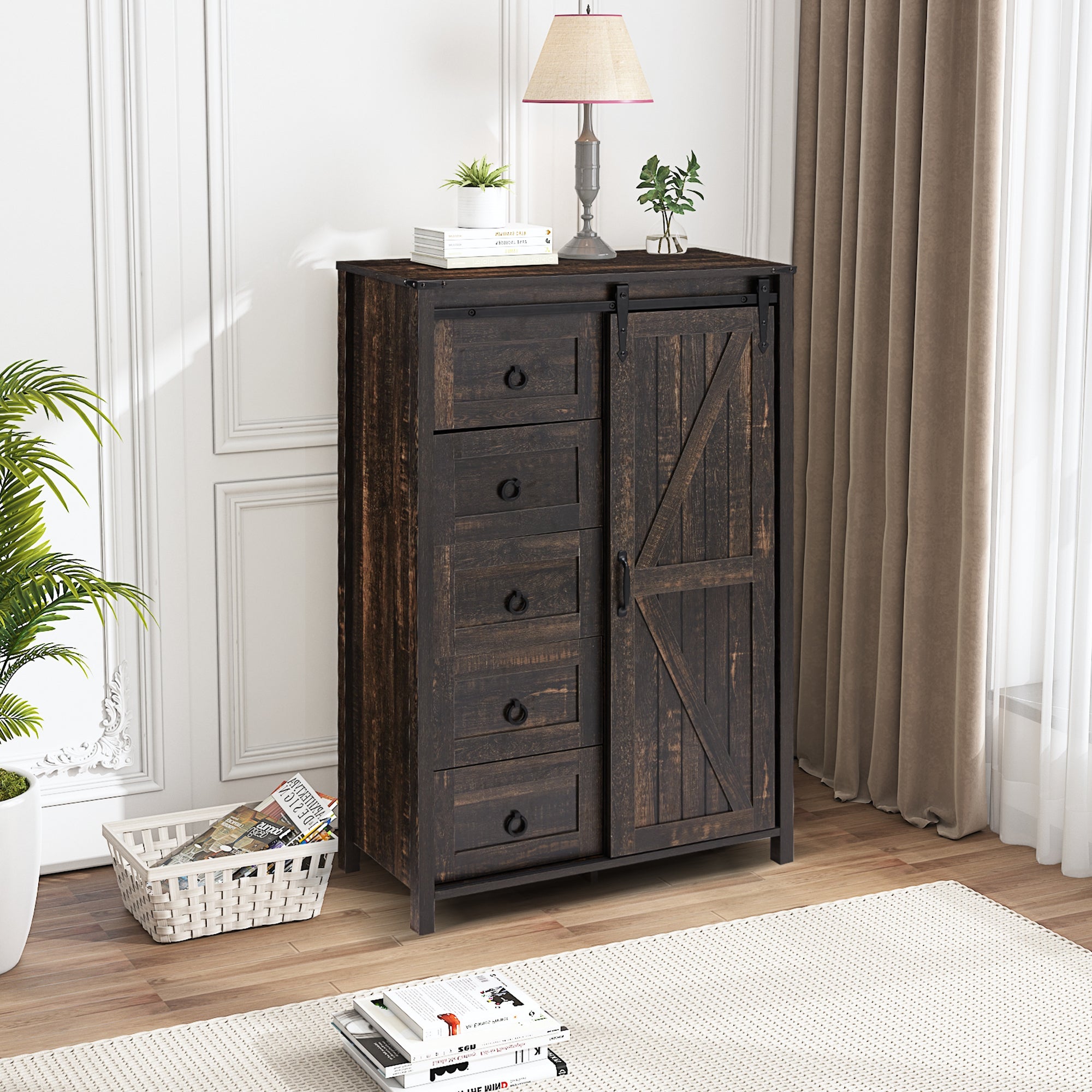HOMREST Farmhouse 48" Tall Chest of Drawers, Wooden Closet Dresser with Sliding Barn Door, Storage Organizer Dresser for Living Room, Hallway, Antique