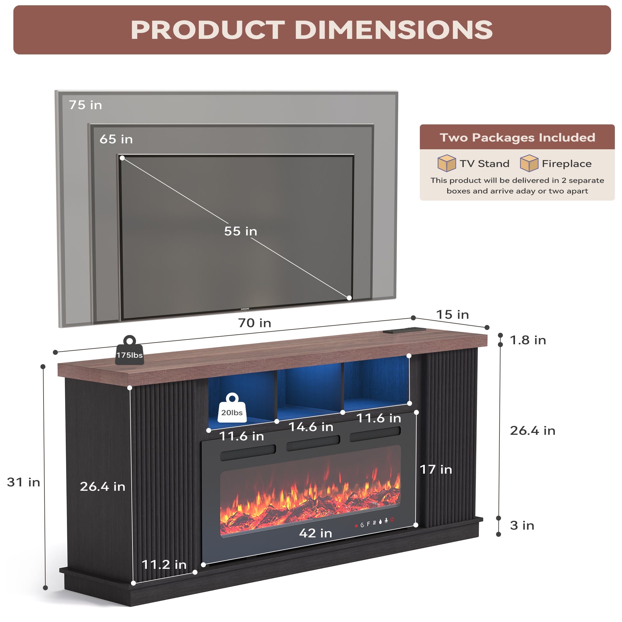 HOMREST 70 Inch TV Cabinet with Electric Fireplace, fire place tv stands for living room, LED Light Bar, Dark Walnut Color