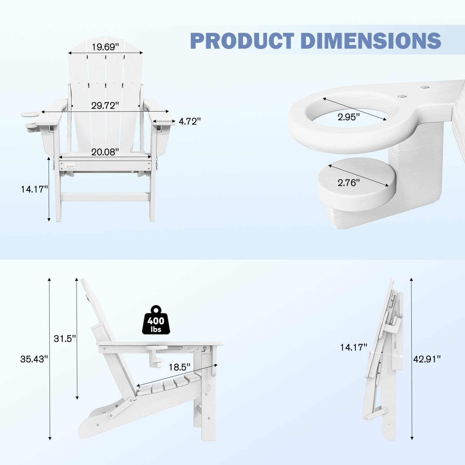 HOMREST 3-Position Adjustable Adirondack Chairs Set of 4, 400LBS HDPE Folding Outdoor Chairs with Cup Holder, White