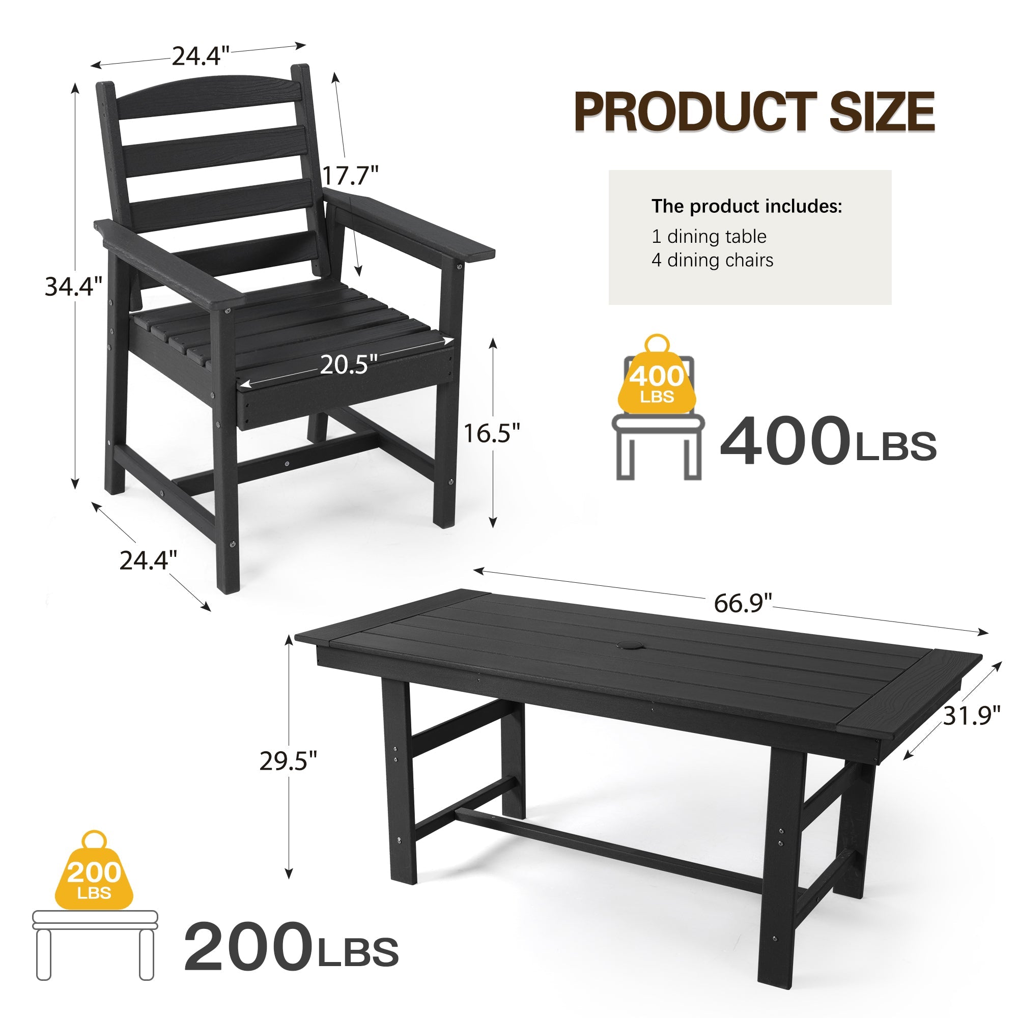 HOMREST Outdoor Table and Chairs for 4, HDPE Weather Resistant Outdoor Dining Set, Black