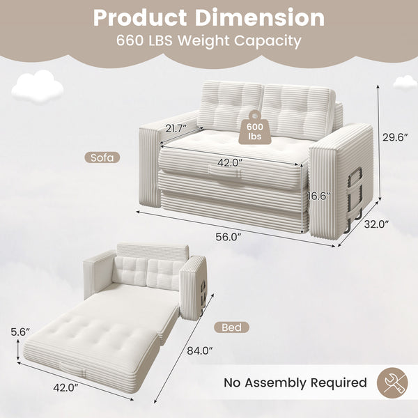 HOMREST No Assembly Needed Convertible Sofa Bed, 2 in 1 Boneless Couch Bed with 2 Pillows, Beige