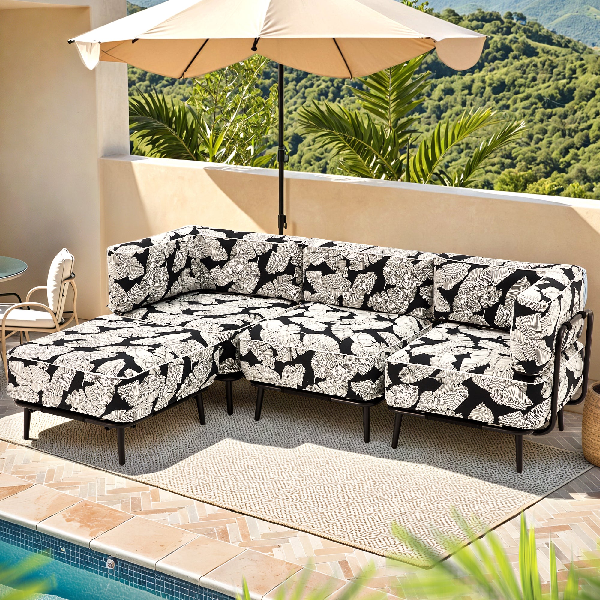HOMREST 4-Piece Inflatable Couch Set, Portable Oxford Fabric Blow Up Couch Lounger, White Black Leaf Pattern