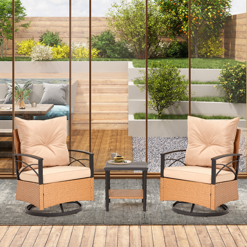 HOMREST 3-Piece Patio Swivel Rocker Set with Rattan Coffee Table, Beige