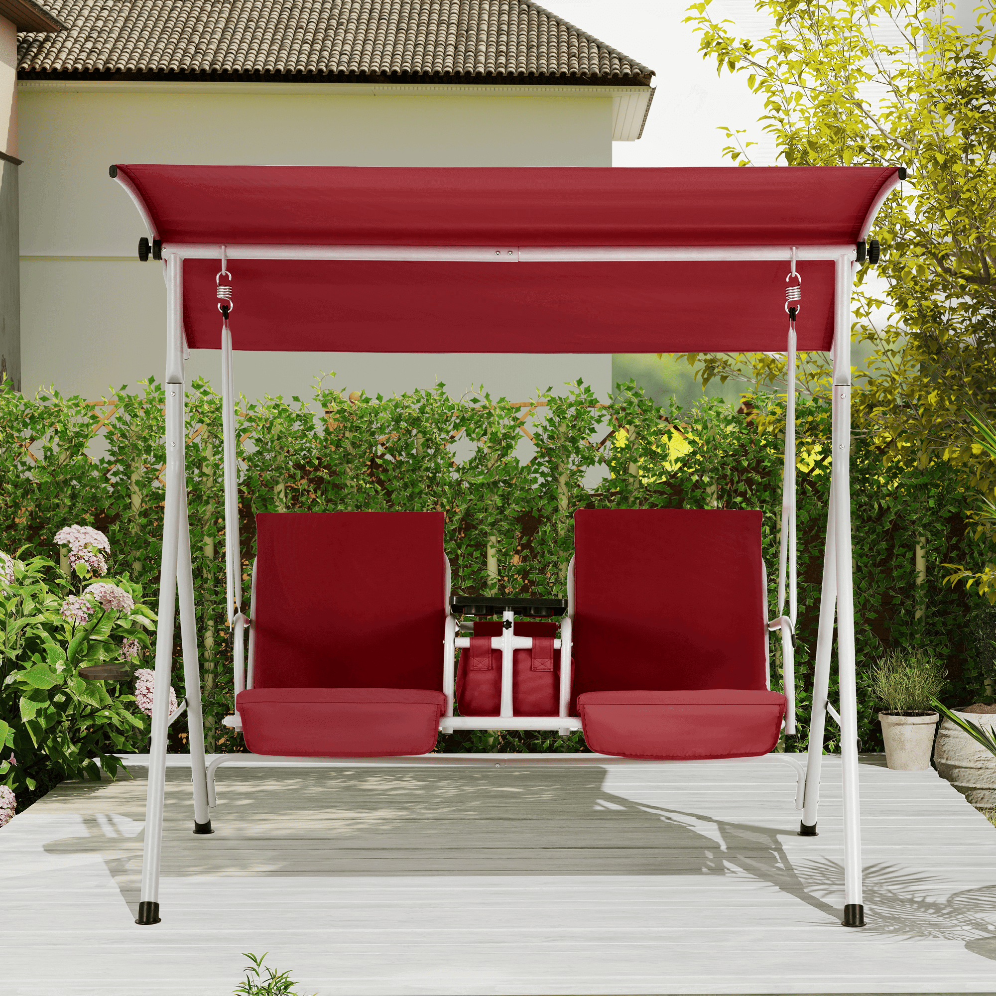 Homrest 2 Seat Outdoor Porch Swing with Adjustable Canopy, Wine Red