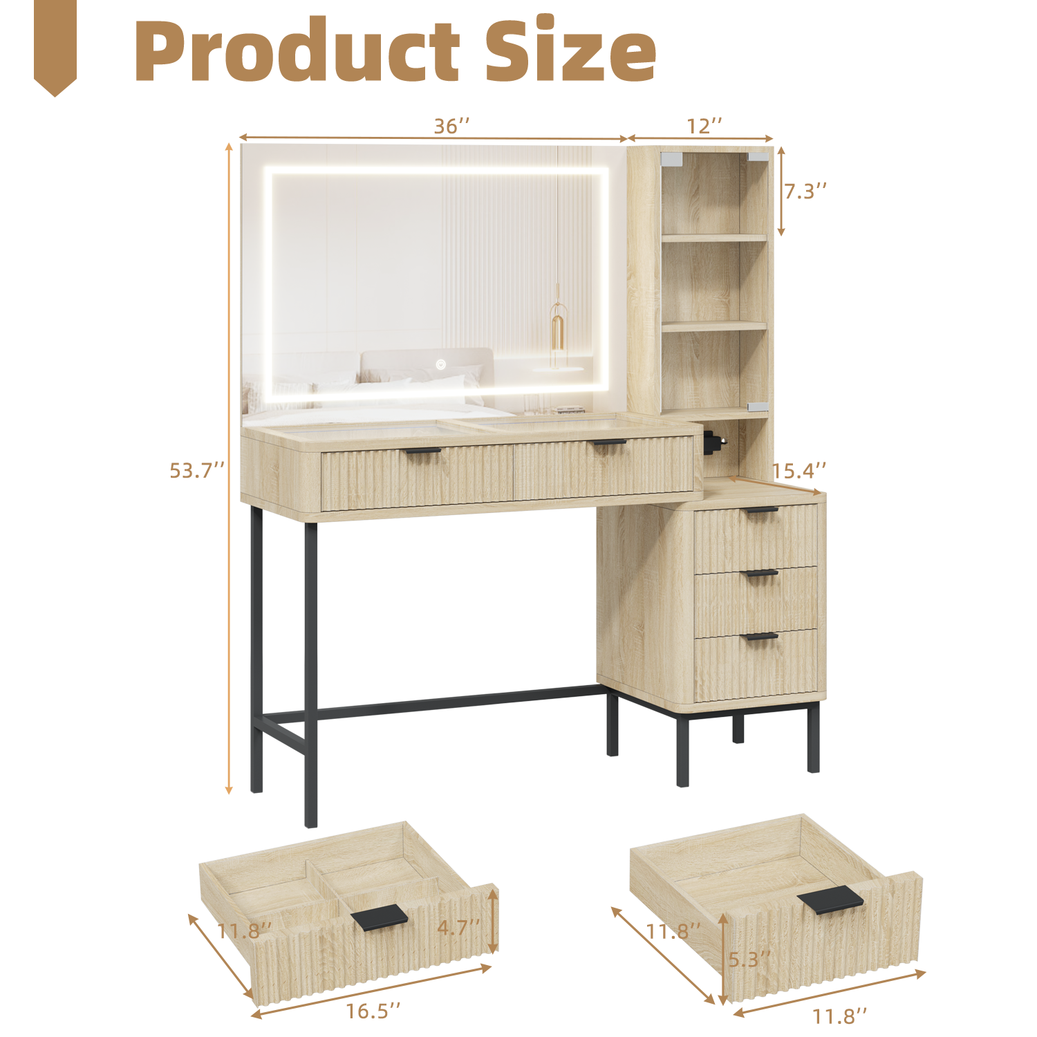 HOMREST Fluted Makeup Vanity Desk with Mirror, Lights,5 Drawers, 3 Storage Shelves and Charging Station, Wood black