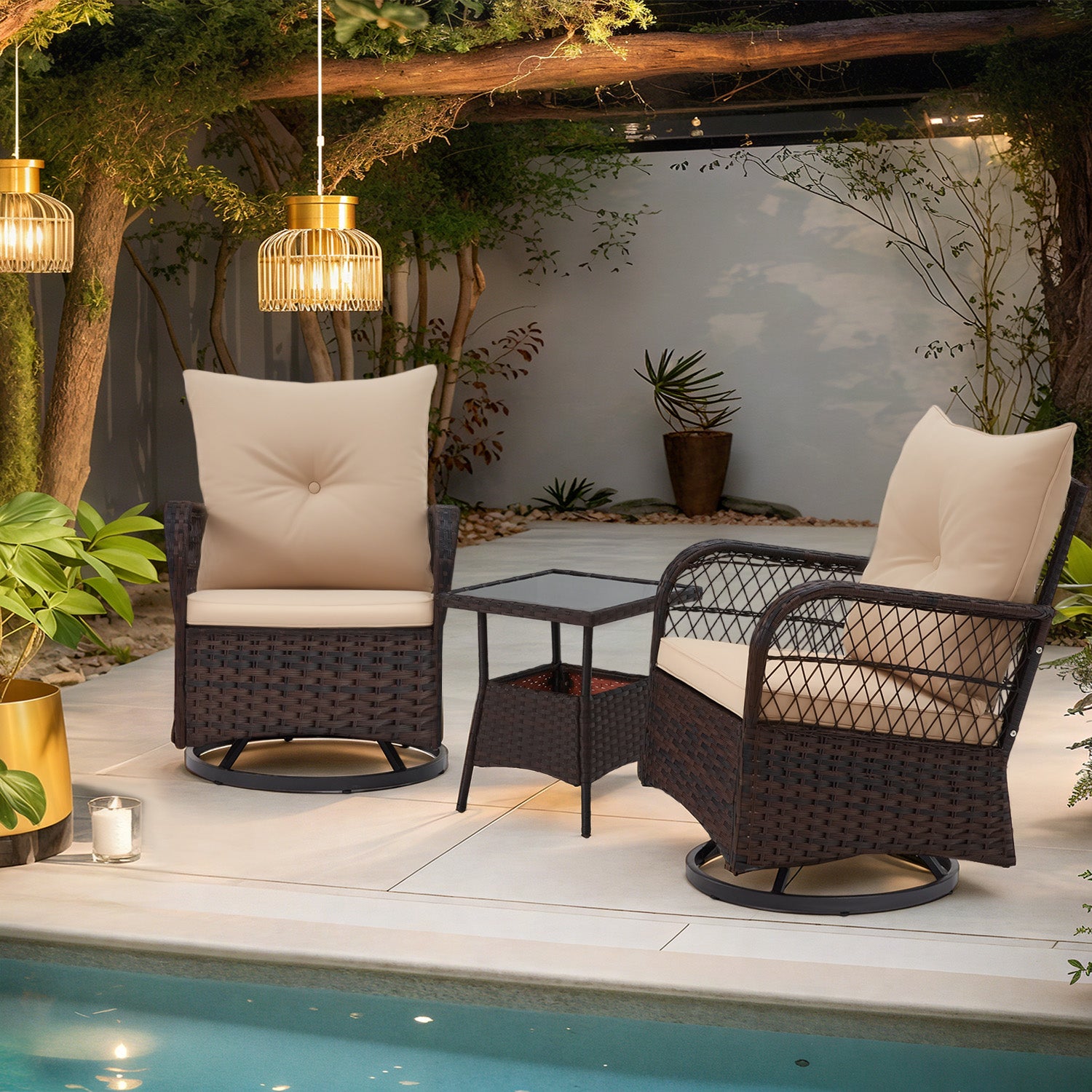 HOMREST 3-Piece Patio Swivel Rocker Set with Rattan Coffee Table, Beige