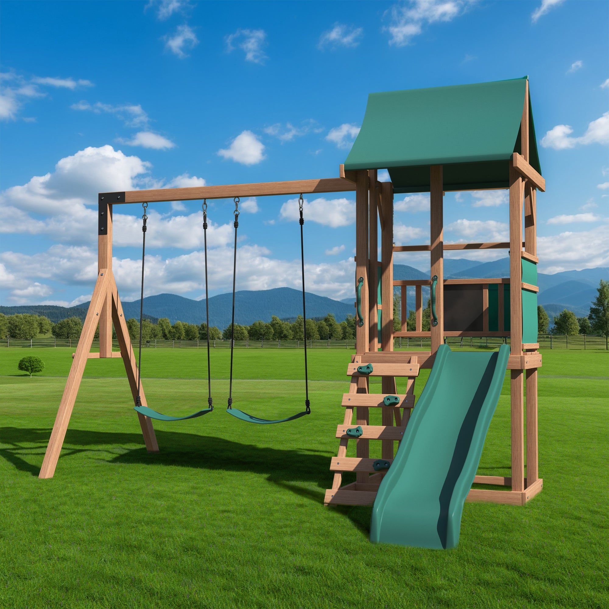 Homrest Swing Sets for Backyard, 4-in-1 Outdoor Swing Set with Slide, Climbing Rock Wall, and Soft Cushion Swings for Backyard Playground