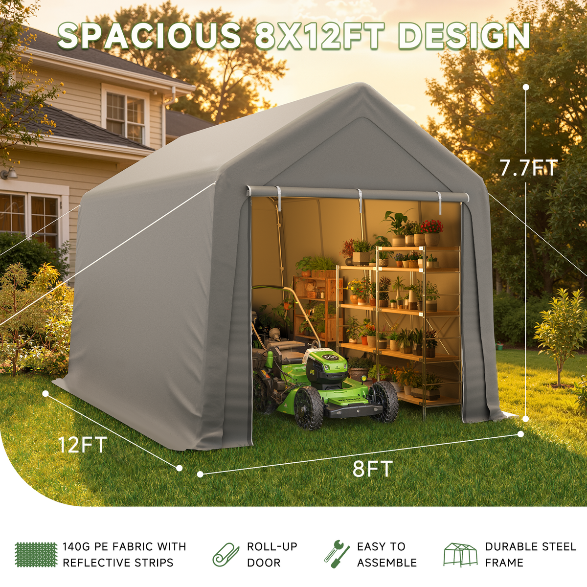 HOMREST 8 x 12 FT Carport Storage Shed, Outdoor Motorcycle Shed with Roll-Up Zipper Door & Vent, UV-Resistant Carport for Motorcycle, Firewood, Tools, Grey