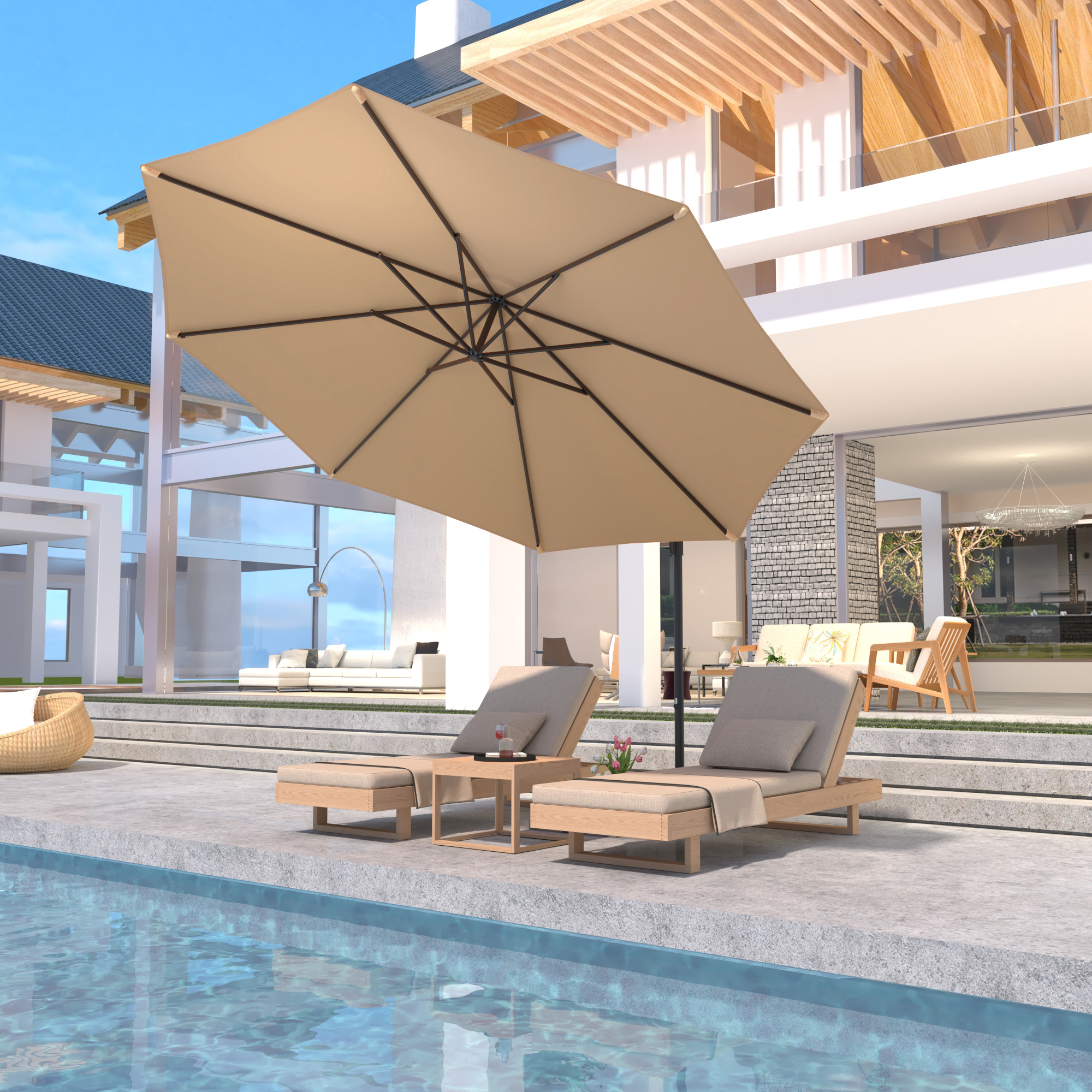 Homrest 10ft Offset Patio Umbrella - Outdoor Hanging Umbrella with Easy Tilt, 99.9% UV Protection, and Sturdy Iron Frame for Garden, Pool, Backyard, Beige