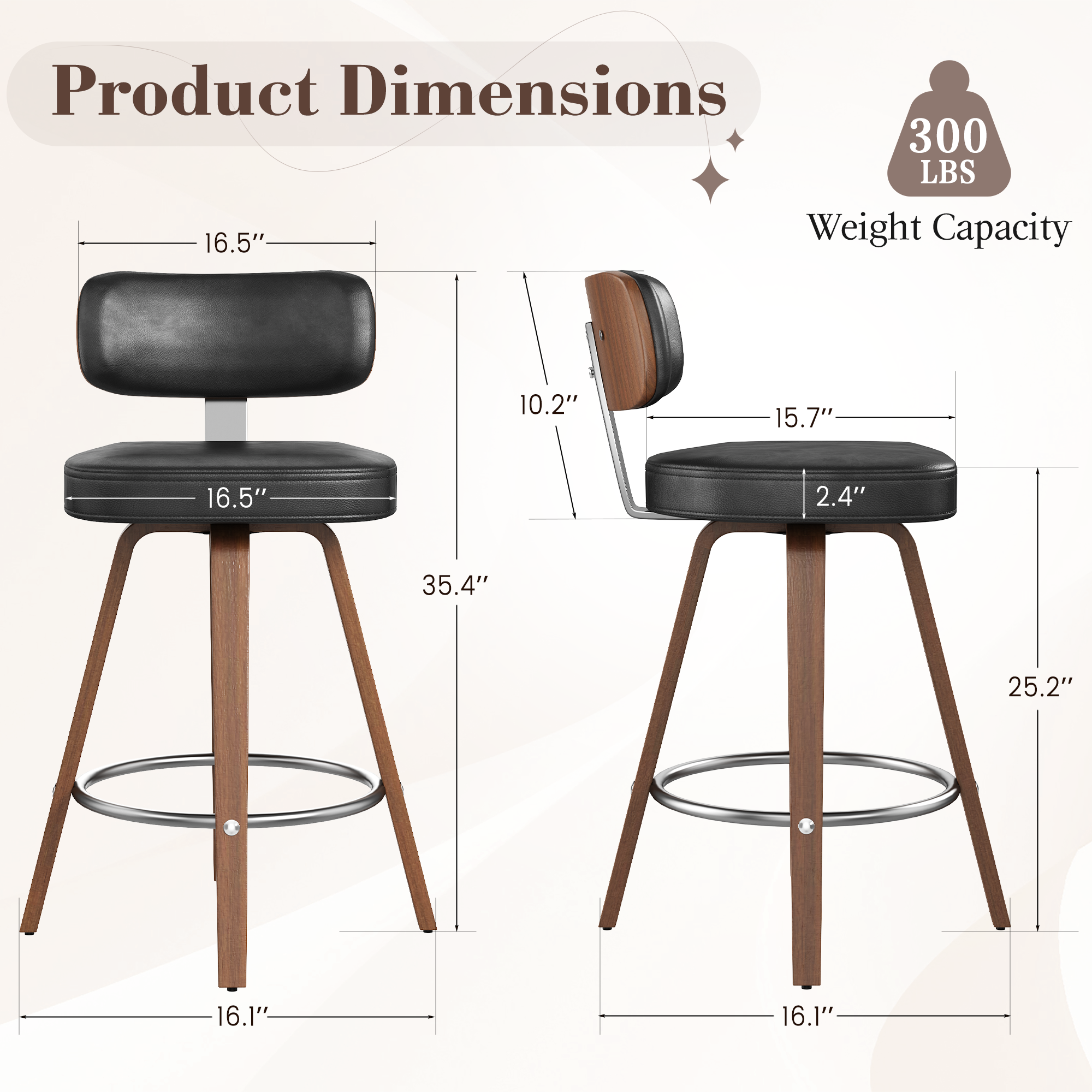 HOMREST Swivel Upholstered Counter & Bar Stool With Curved Back, Mid Century Modern Bar Chair With Solid Wood Frame And Metal Footrest (set Of 2), Black