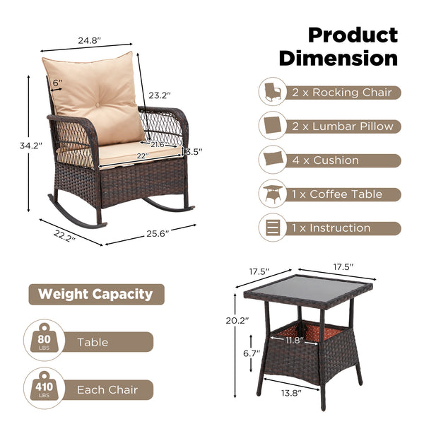 HOMREST 3 pcs Rocking Bistro Set, Outdoor PE Rattan Rocking Chairs with Tempered Glass Coffee Table, Patio Rattan Rocker Set for Porch and Garden