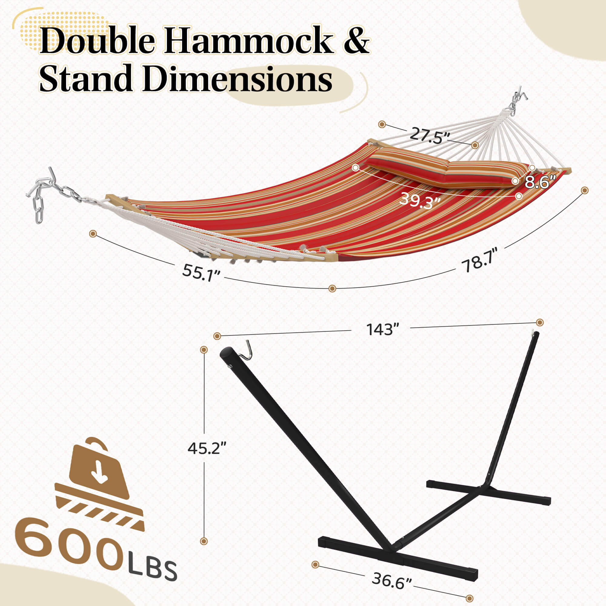 HOMREST Modern Rope Hammock with Stand, Portable Outdoor Hammock for Backyard, Beach & Camping, Red Stripes
