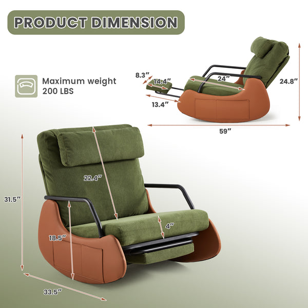 HOMREST Indoor & Outdoor Oversized Rocking Recliner Chair with Side Pockets, Upholstered Plush Seating Glider Rocker with Ajustable High Backrest, Green