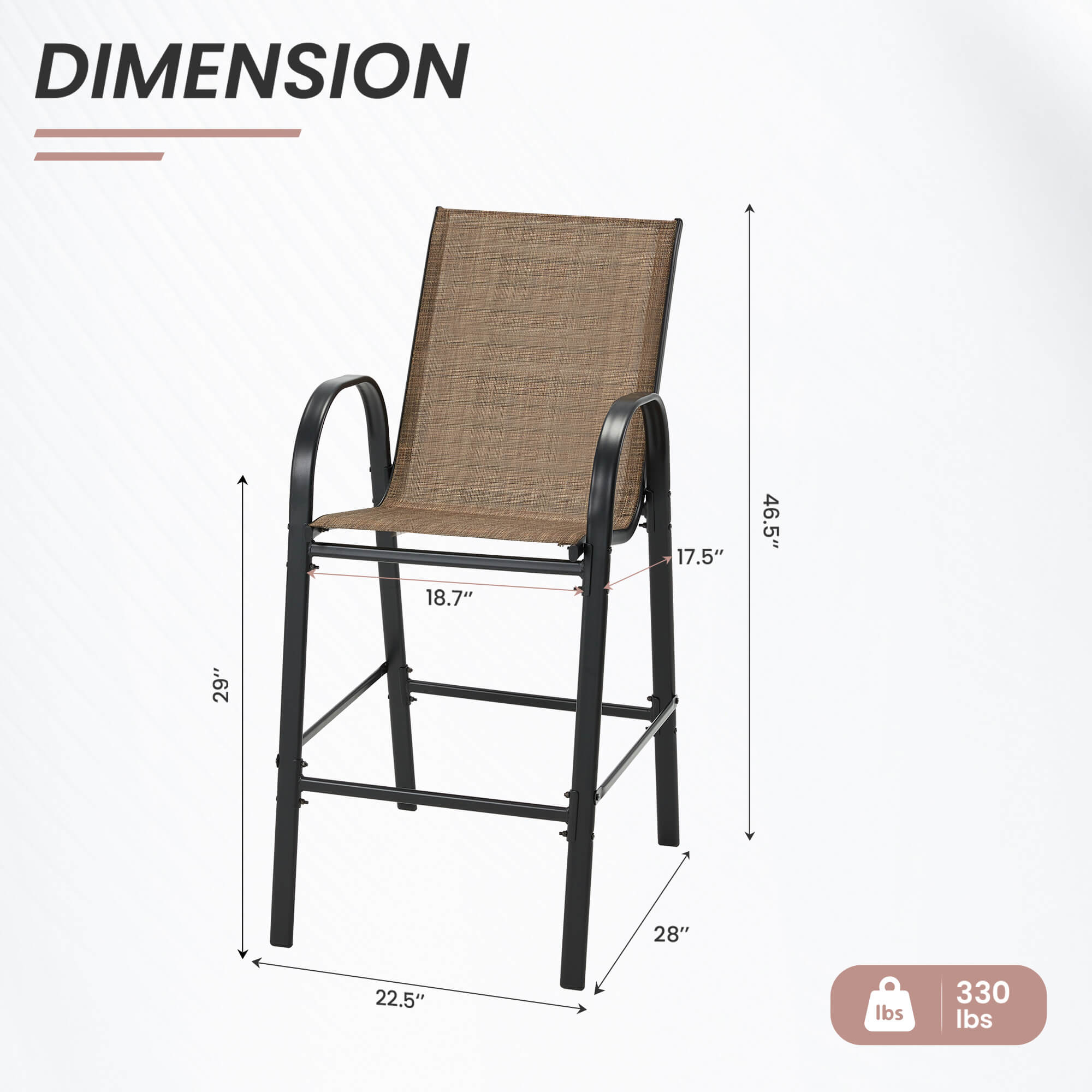 HOMREST Outdoor Bar Height Stools Set of 6, High Back Patio Chairs with Armrests,Textilene Chairs with Breathable Fabric & Metal Frame, Brown