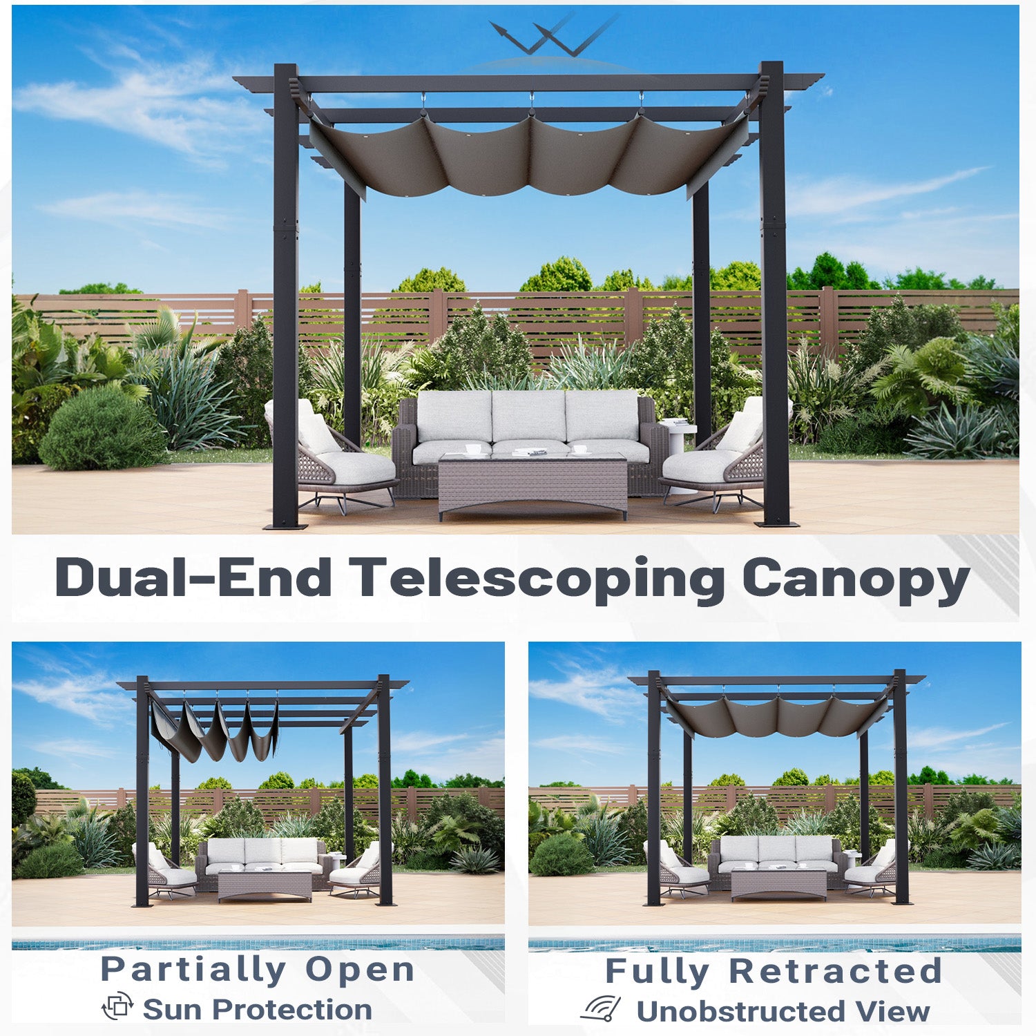 HOMREST Retractable Pergola 10x12 Ft, Upgraded Sun Shade with Waterproof Canopy, Durable Metal Patio Shelter with Magnetic Attachment for Backyard Garden Deck (Gary)