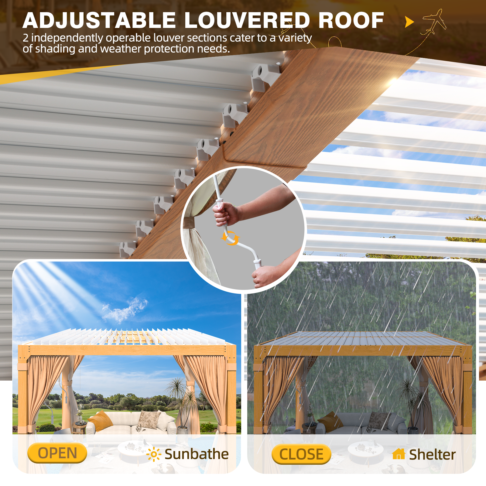 HOMREST Louvered Pergola 10x12 Outdoor Hard Top Pergola with Aluminum Frame and Adjustable Metal Rainproof Roof for Garden & Patio, Curtains and Netting Included, Wood Grain