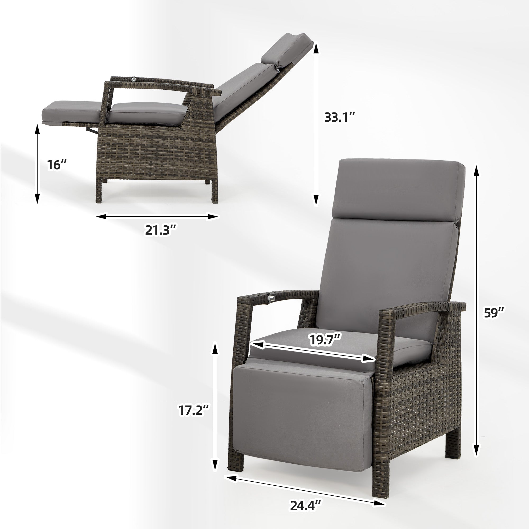 HOMREST Outdoor Recliner Chair Set of 2, up to 150°with Removable Cushion, Grey