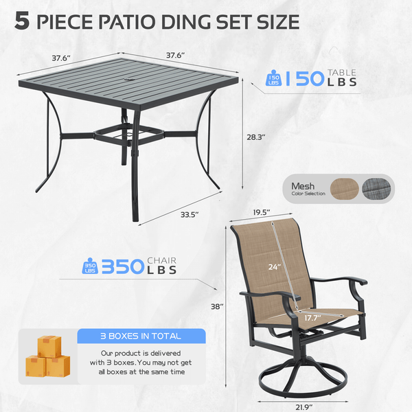 HOMREST 5-Piece Patio Furniture Set Outdoor Dining Table & Chairs with Umbrella Hole, 360° Swivel Rocking Chair, Brown