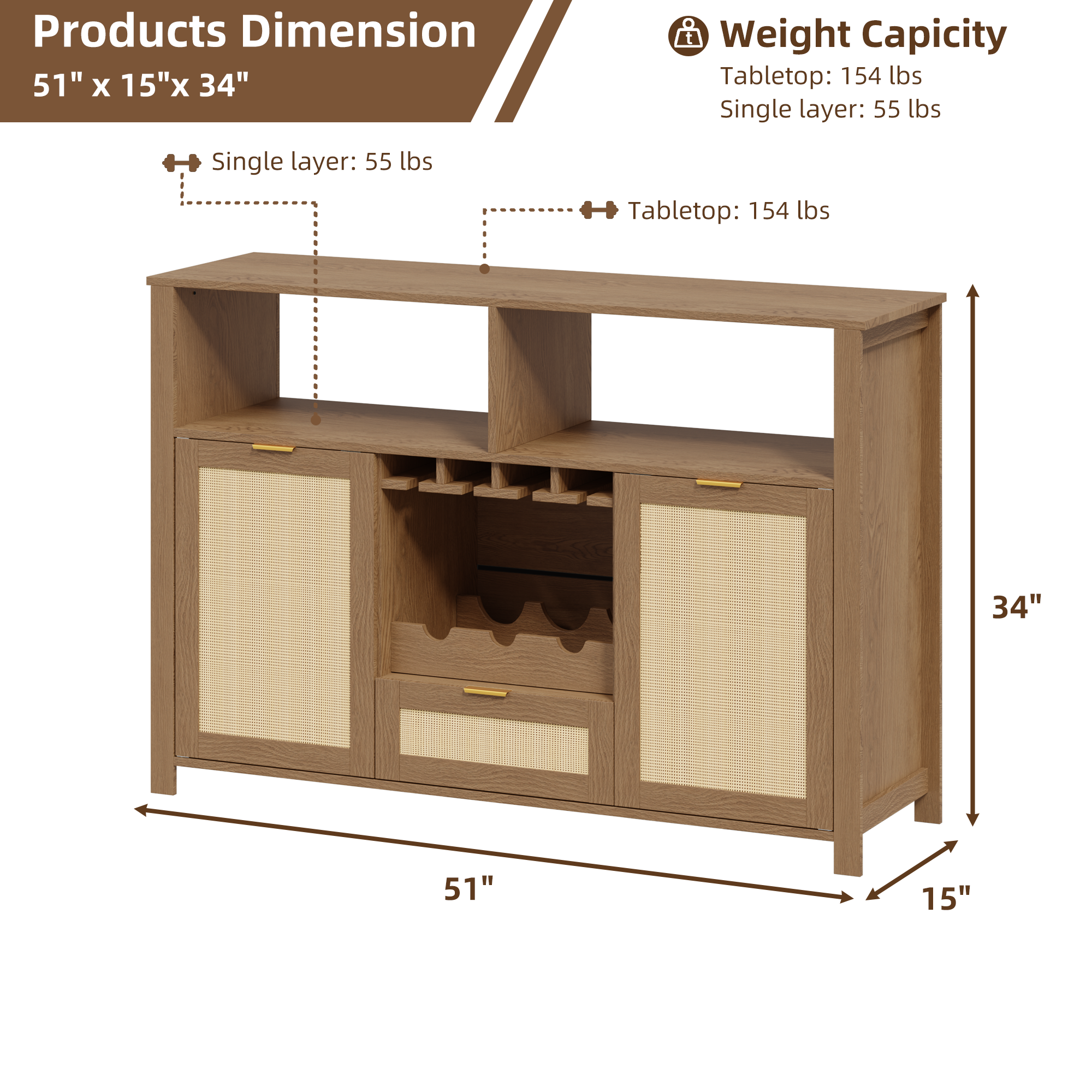 HOMREST Farmhouse Bar Cabinet with Storage, Wine Racks and Drawers for Dining Room and Living Room, Walnut Brown