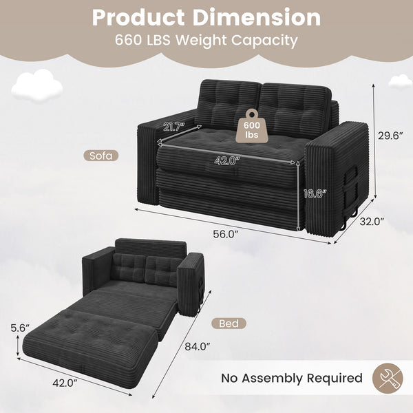 HOMREST No Assembly Needed Convertible Sofa Bed, 2 in 1 Boneless Couch Bed with 2 Pillows, Black