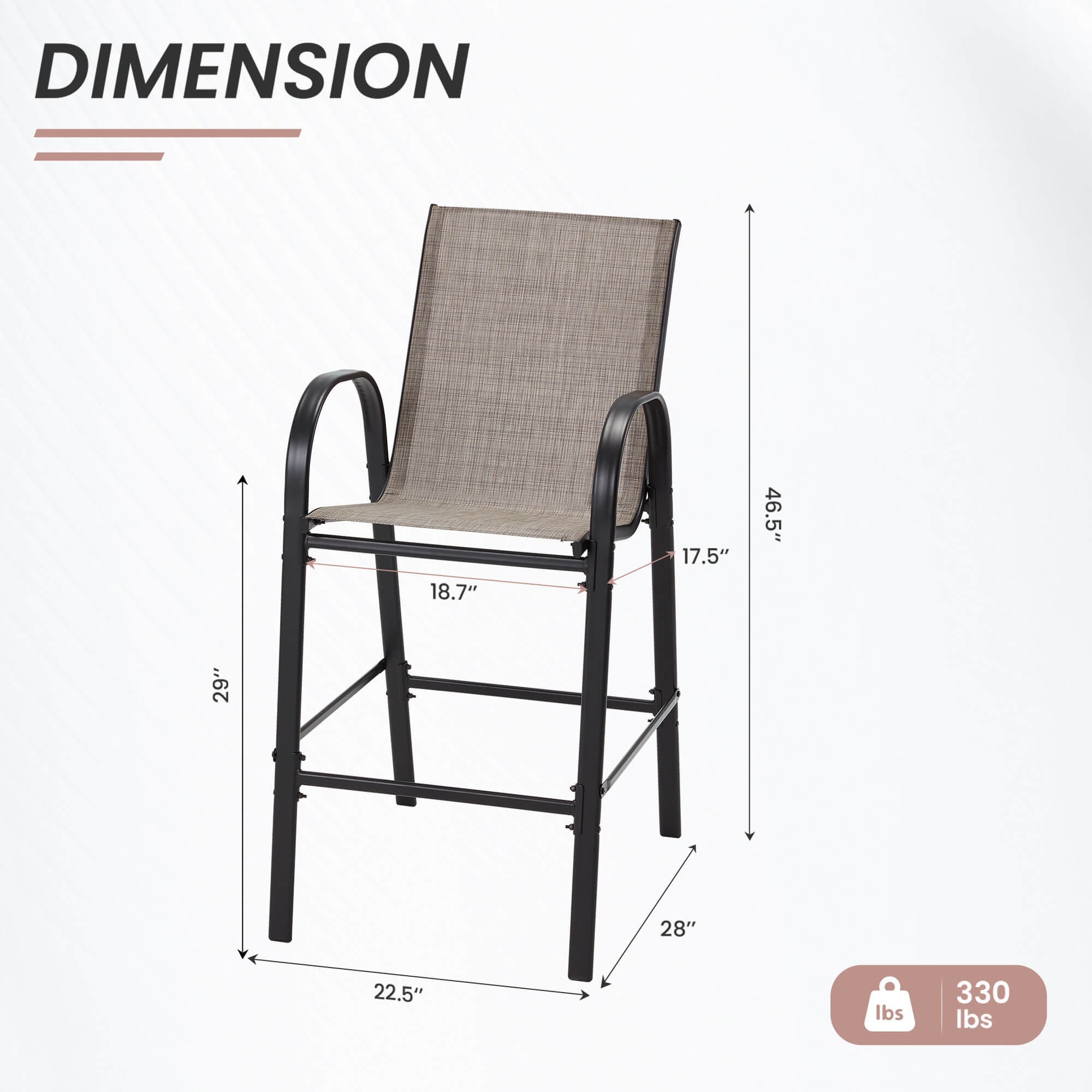 HOMREST Outdoor Bar Height Stools Set of 6, High Back Patio Chairs with Armrests,Textilene Chairs with Breathable Fabric & Metal Frame, Taupe