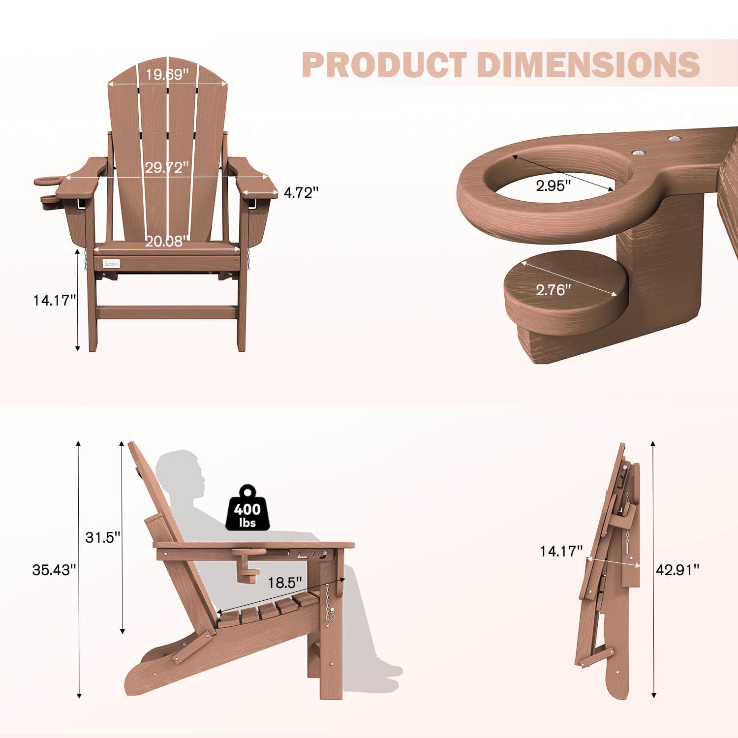 HOMREST 3-Position Adjustable Adirondack Chairs Set of 2, 400LBS HDPE Folding Outdoor Chairs with Cup Holder, Teak