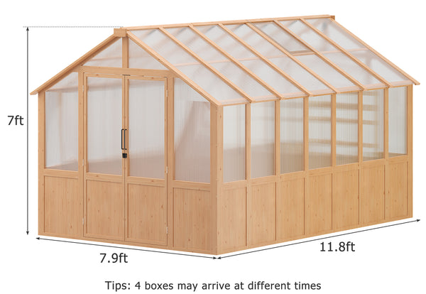 HOMREST 8x12 FT Wooden Greenhouse for Outdoors, Large Walk-in Greenhouse Kit with 4mm Polycarbonate Panels, Adjustable Roof Vent, Lockable Door, Outdoor Greenhouse for Backyard Garden