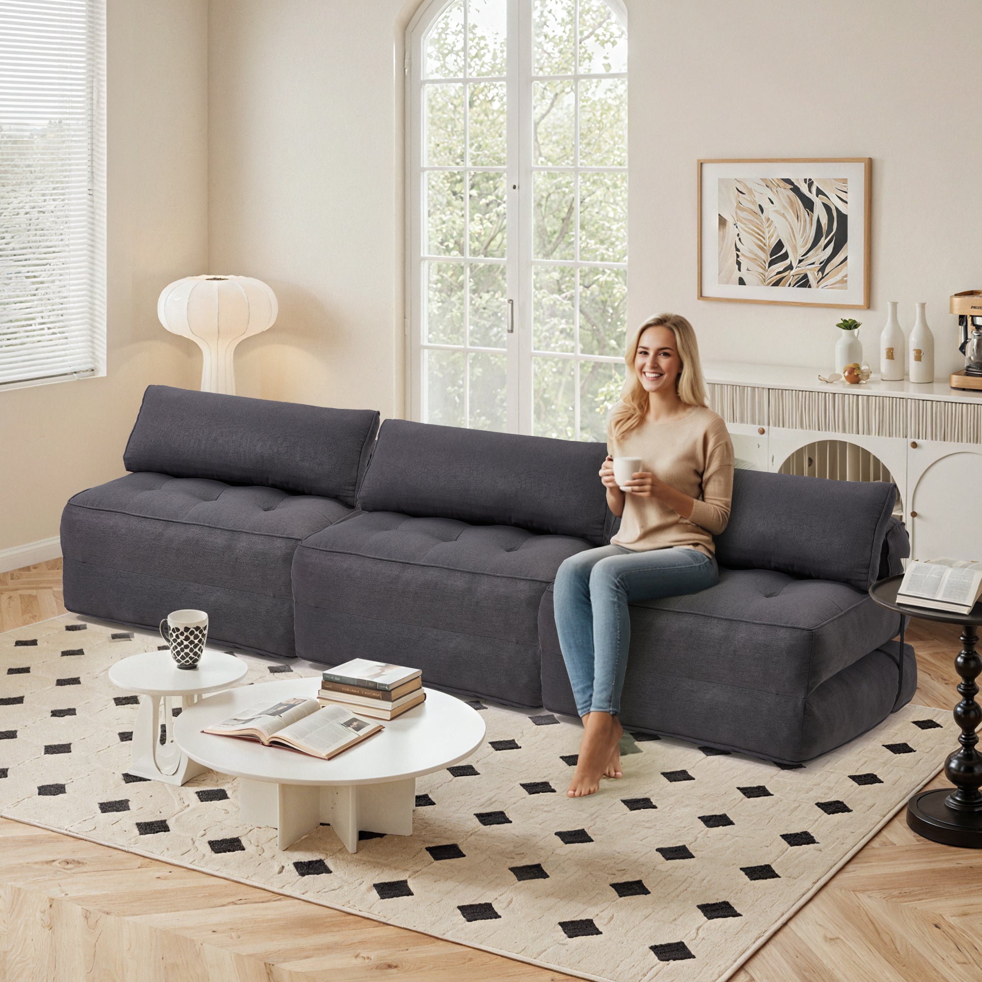 HOMREST 3-Piece Modular Sectional Sofa, Convertible Lounge Set – Foldable Couch Bed, Dark Gray