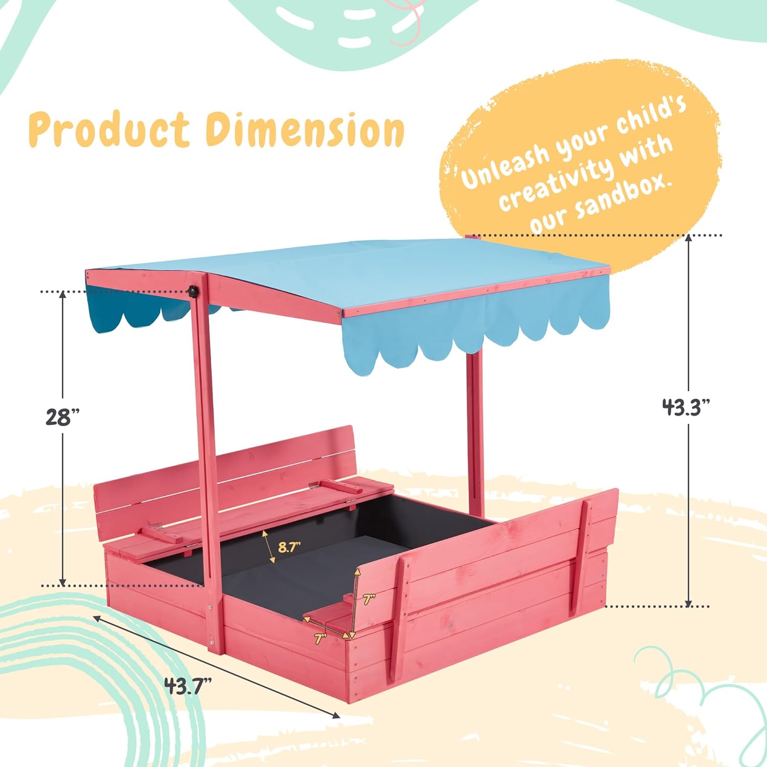 Homrest Kids Sandbox with Cover, Wooden with Height Adjustable Roof,for Aged 3-8, for Backyard, Beach, Lawn, Pink