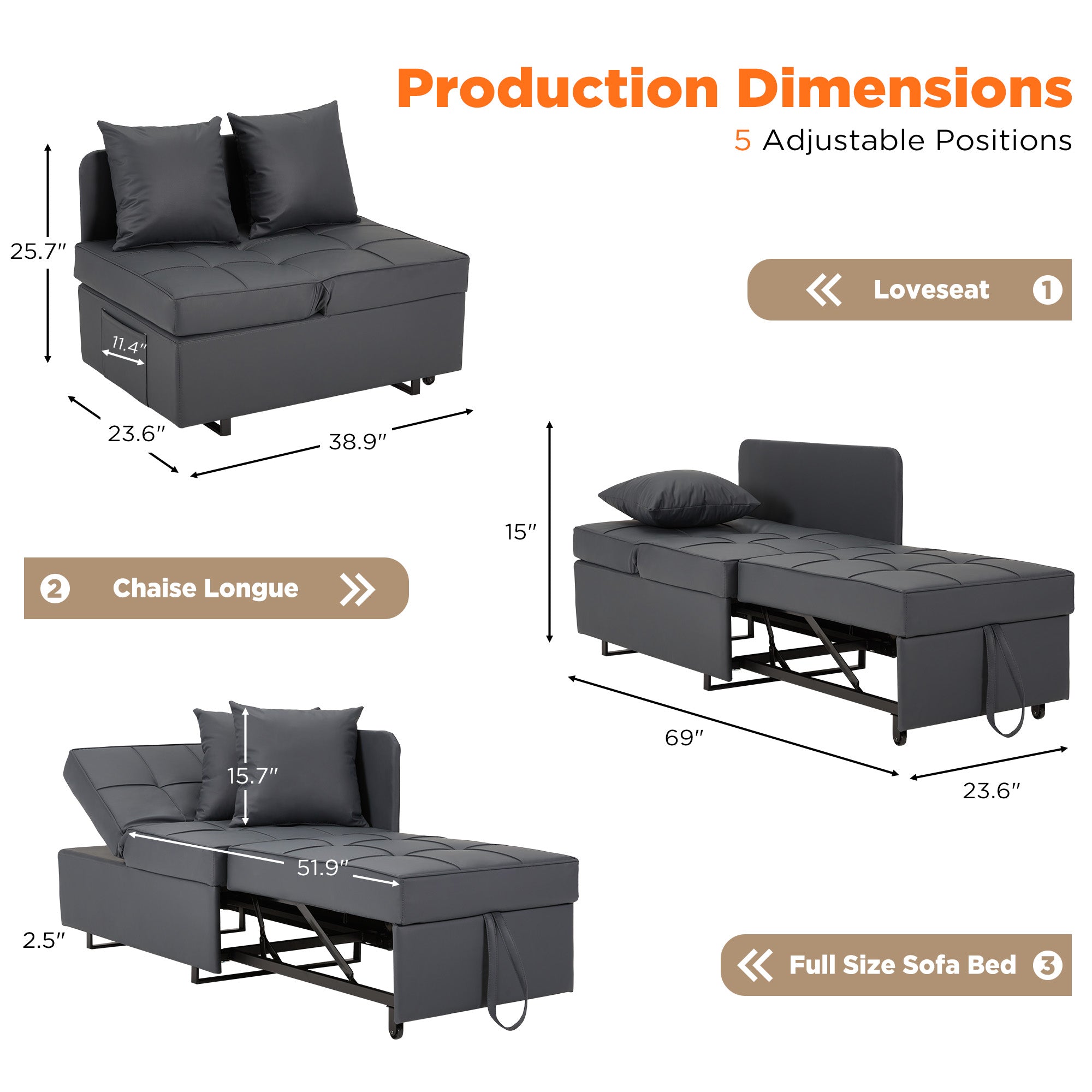 HOMREST 3 IN 1 Futon Sofa Bed Convertible Recliner Lounge with Reclining Backrest, Gray