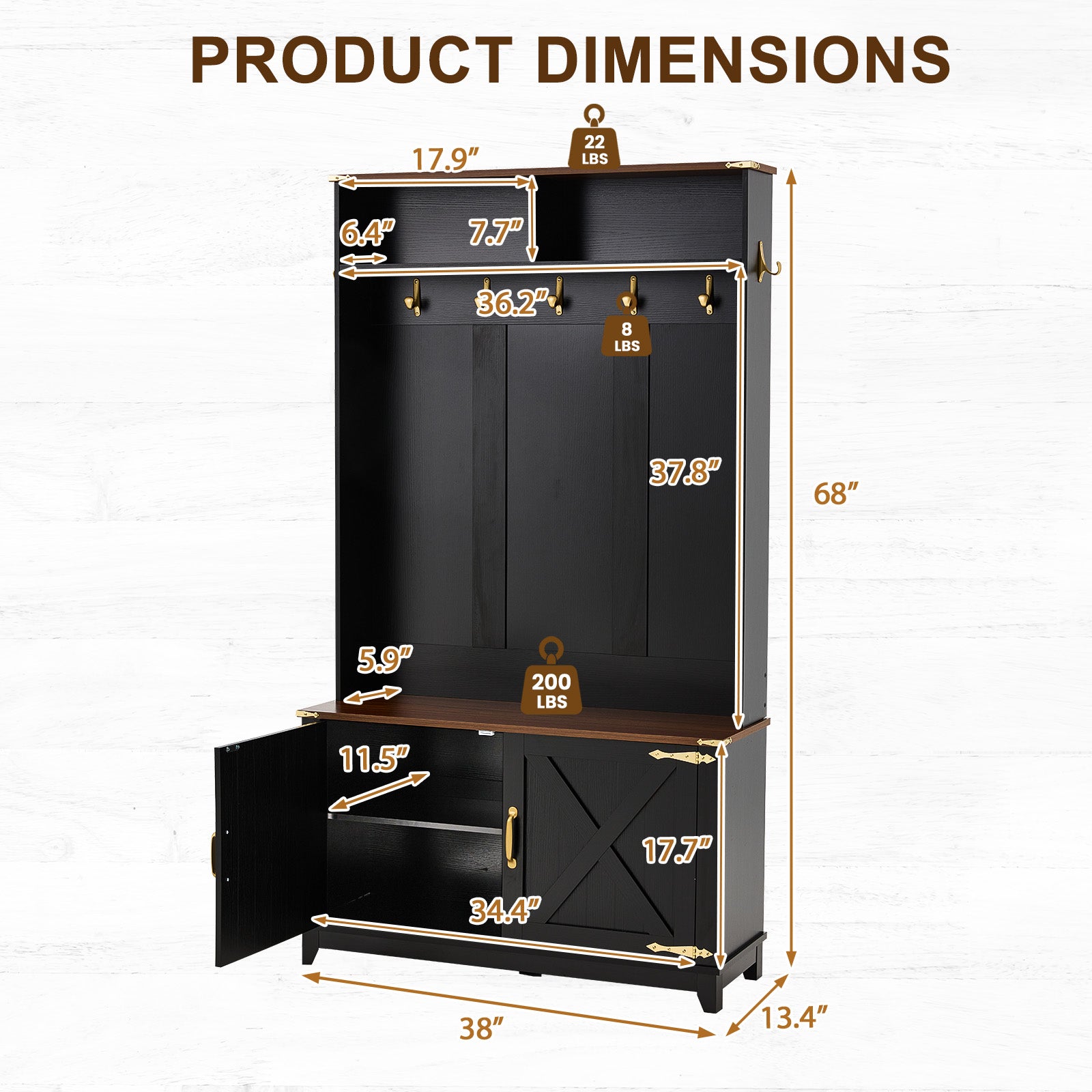 HOMREST 38" Farmhouse Hall Tree with Bench and Shoe Storage, Entryway Bench with Coat Rack, 2 Open Compartments, 7 Coat Hooks, Barn Door & Adjustable Shelf, Black