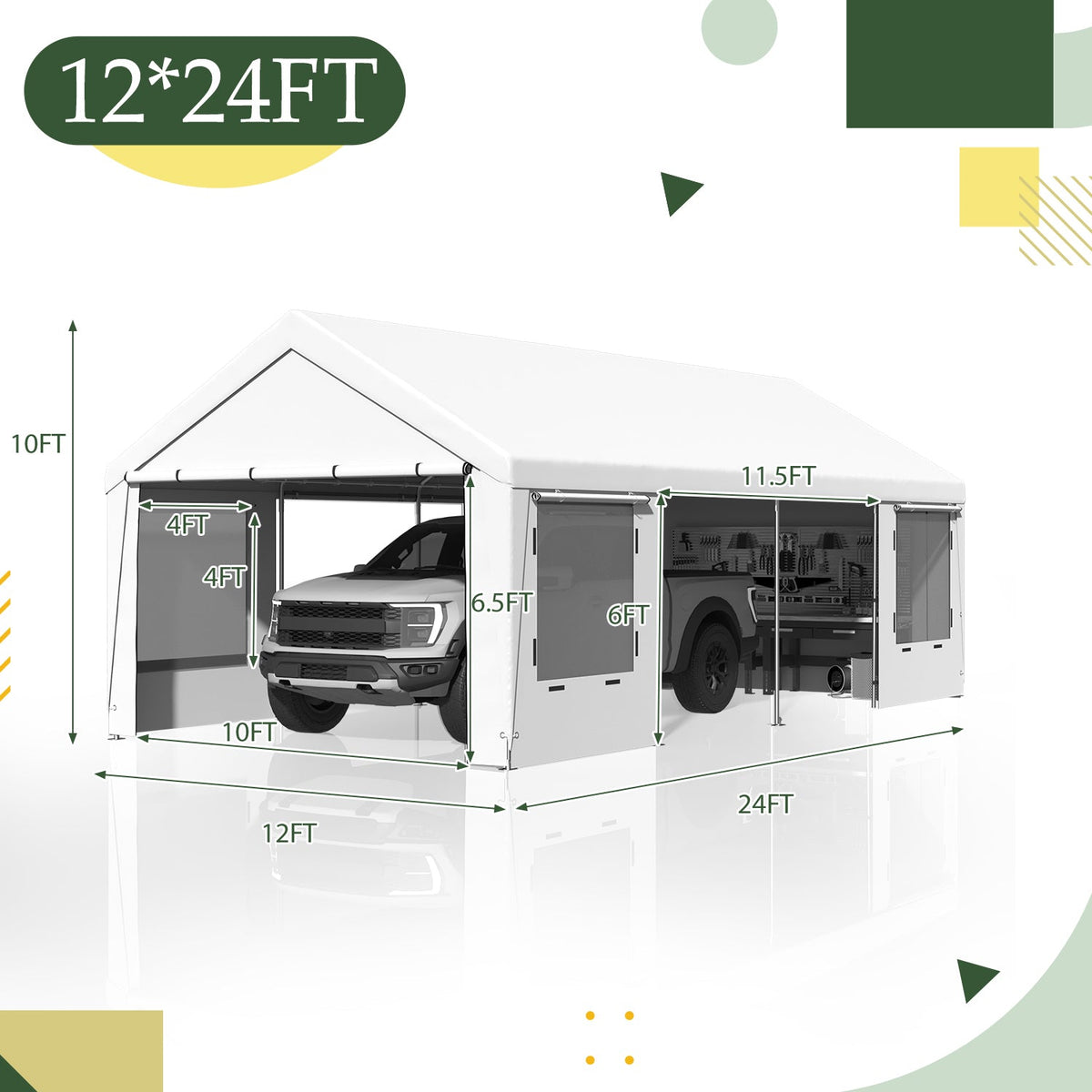 homrest 12' x 24' Heavy Duty Carport£¬Portable Garage with UV Protection & Steel Frame, Car Port with Removable Sidewalls, All-Season Car Canopy for Tractor, Truck, Boat, White