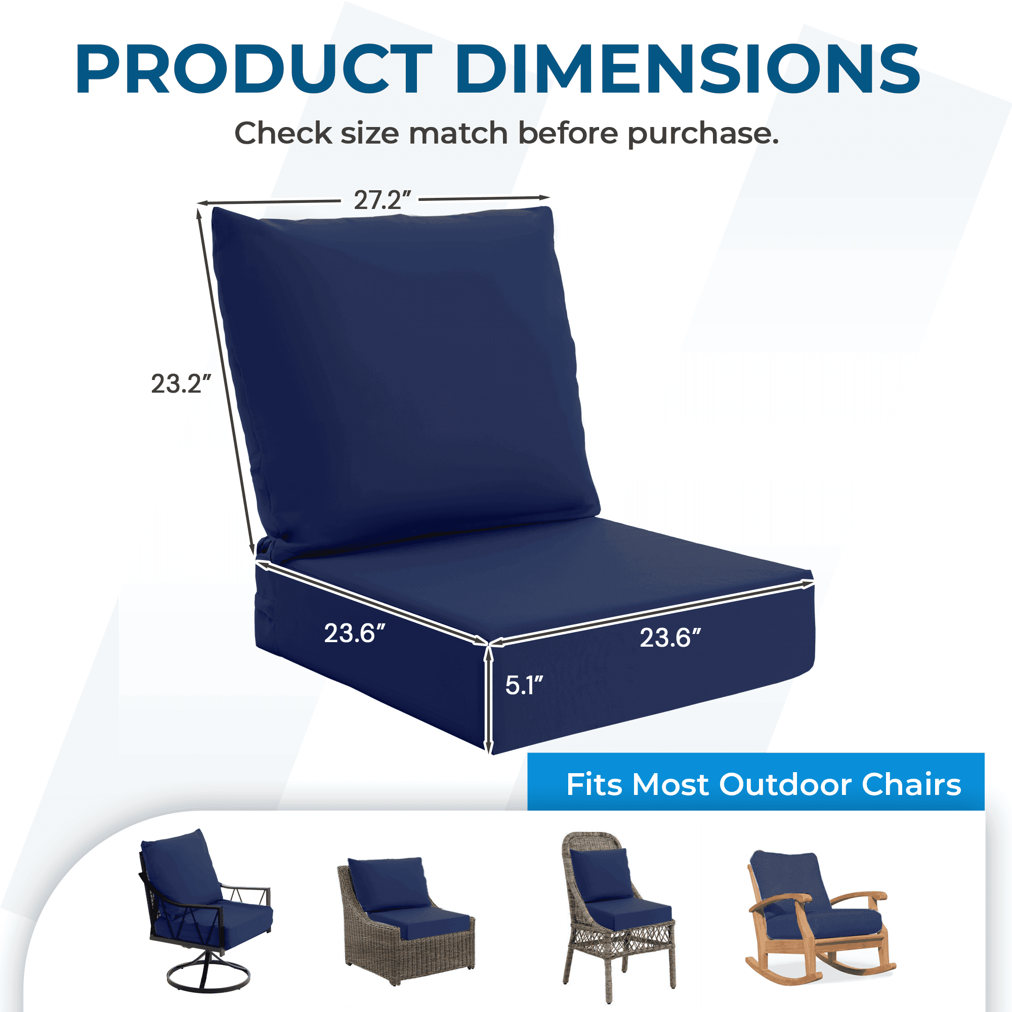 HOMREST Patio Furniture Cushions with Handle and Ties, Waterproof, Fade-resistant Outdoor Couch Cushion, Chair Pads for Dining Chairs, Navy blue