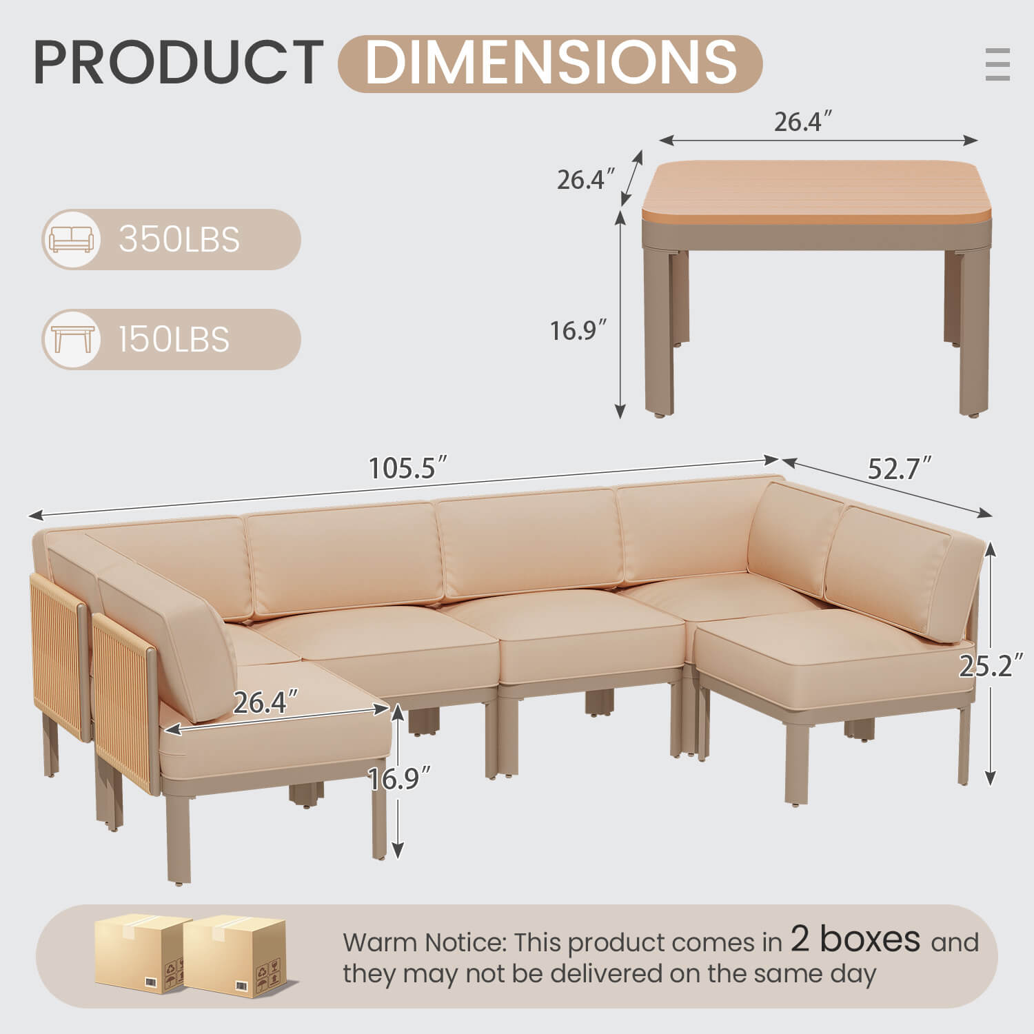 HOMREST 7 Pieces Patio Sectional Furniture Set, Aluminum Frame Outdoor Conversation Set with 6" Thick Cushions & Coffee Table, Beige