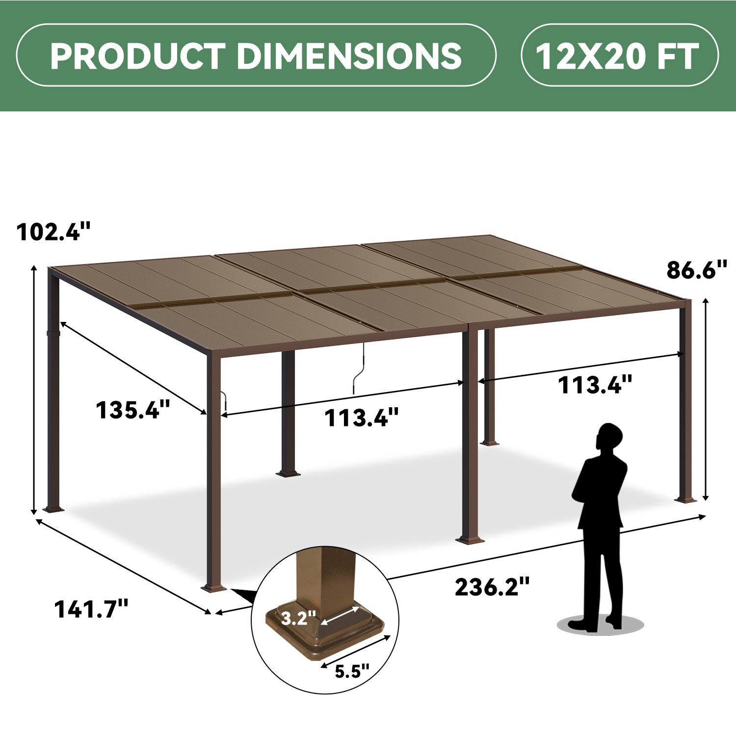 HOMREST 12' x 20' Lean to Gazebo, Heavy Duty Patio Gazebo with Adjustable Polycarbonate Roof, Hardtop Wall Mounted Gazebo with Metal Frame, Outdoor Pergola for Deck, Porch, Garden, Backyard