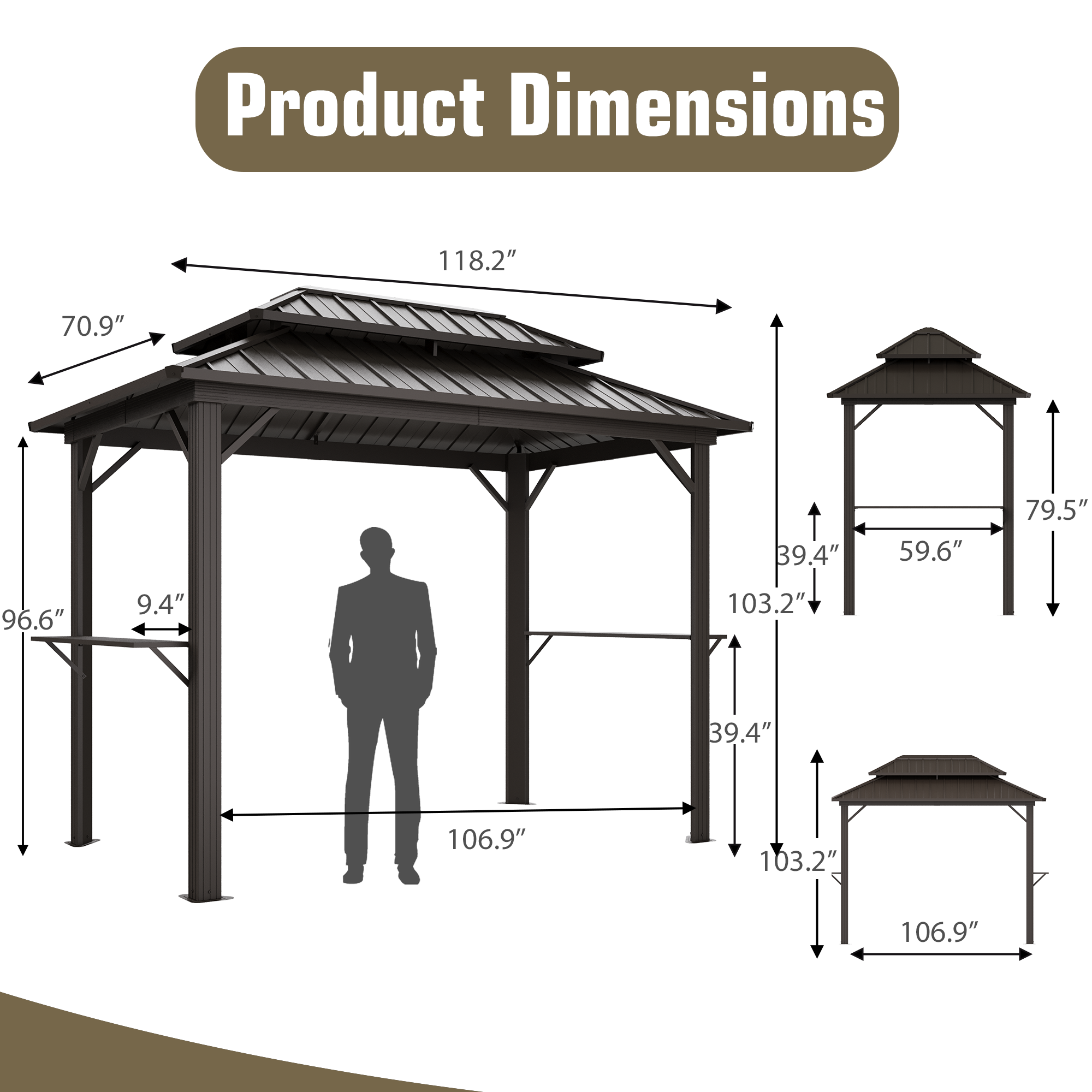 HOMREST 10' x 6' Hardtop Grill Gazebo, Outdoor BBQ Gazebo with 2 Side Shelves and Bottle Opener, All-weather Grill Gazebo with Galvanized Steel Double Roof for Patio, Lawn, Backyard, Brown