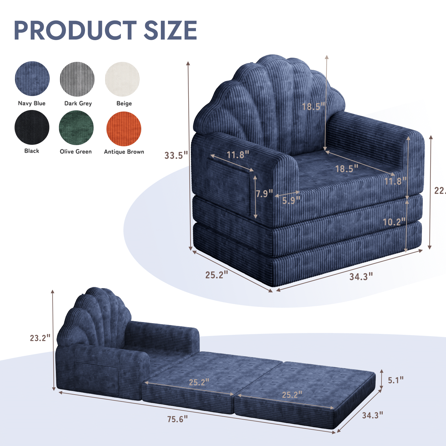 HOMREST 2-in-1 Folding Sofa Bed with Back Support, 75" D x 34" W Convertible Futon Sleeper Chair for Living Room Bedroom Small Spaces, Navy Blue