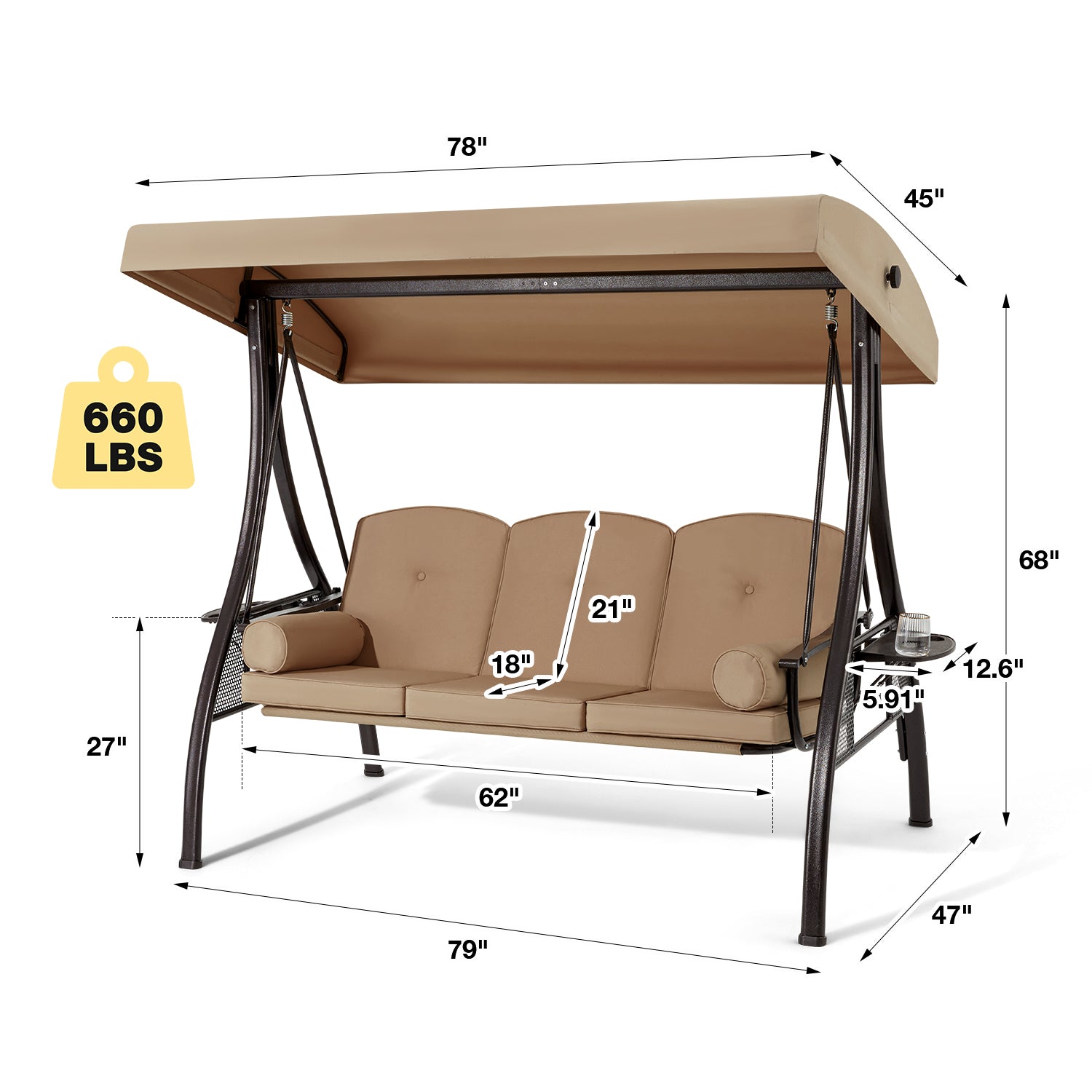 3-Seat Outdoor Porch Swing with Adjustable Canopy and Backrest, Brown | Homrest Furniture