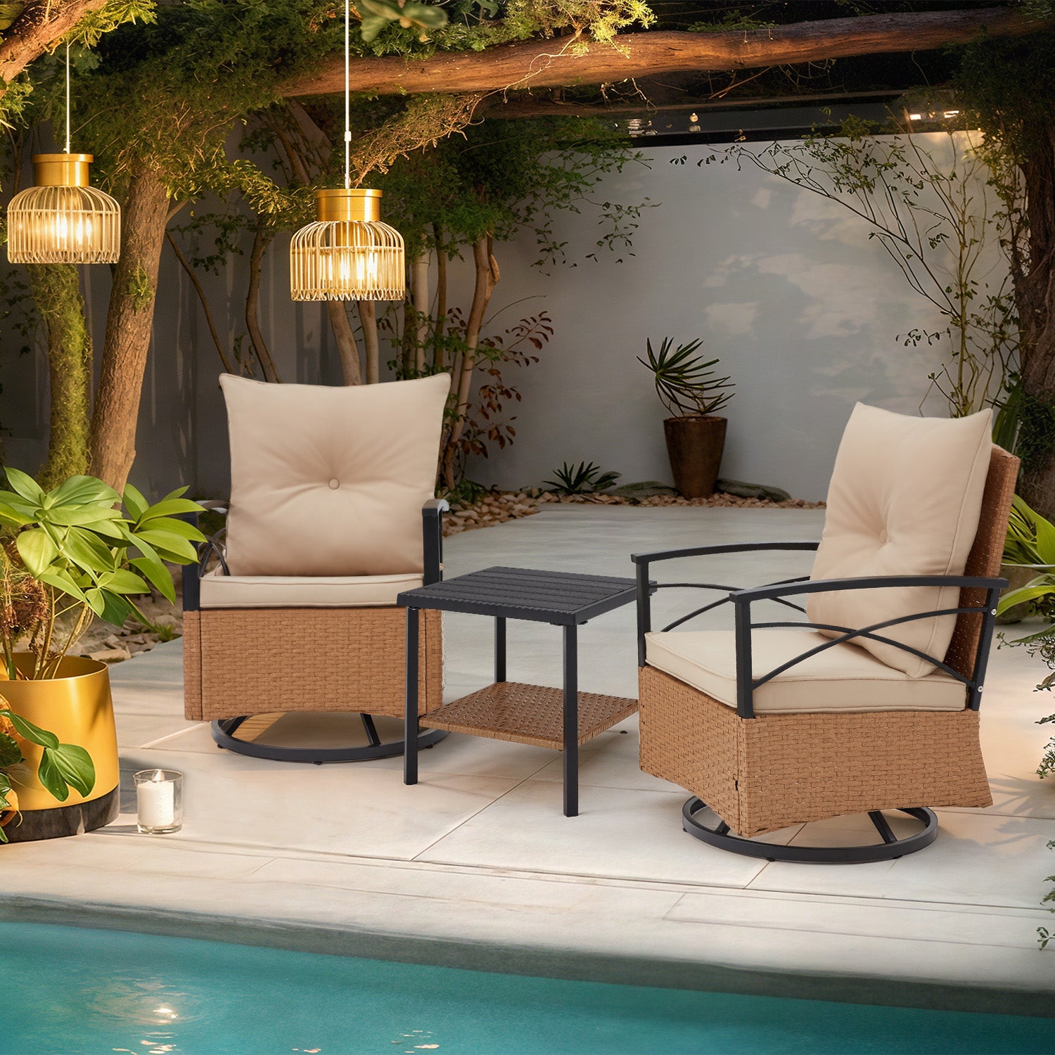 HOMREST 3-Piece Patio Swivel Rocker Set with Rattan Coffee Table, Beige