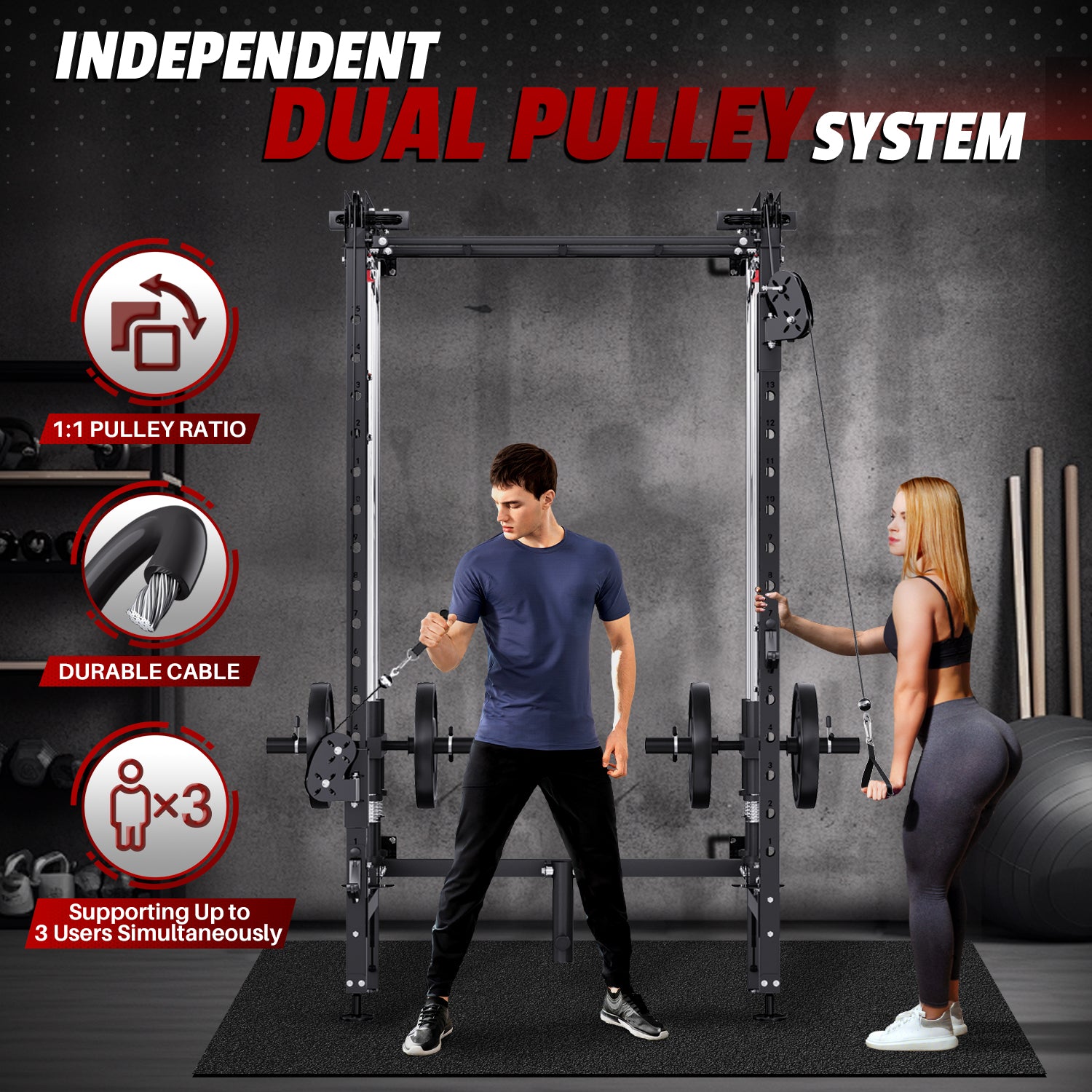 HOMREST Folding Squat Rack, Wall Mounted Power Rack with Cable Crossover Machine & LAT Pull Down Multi-Function Space-Saving Power Cage, Black