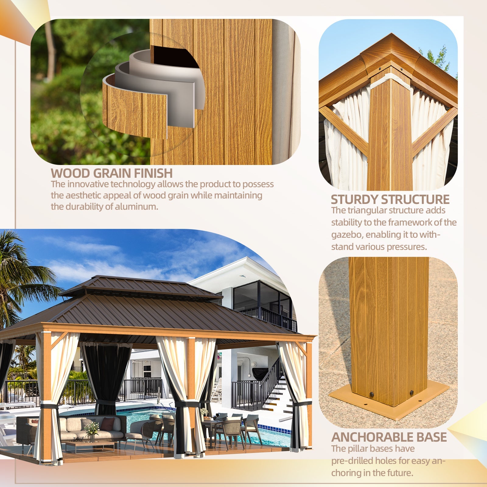 Homrest 12' x 18' Hardtop Gazebo with Aluminum Frame, Wood-Grain