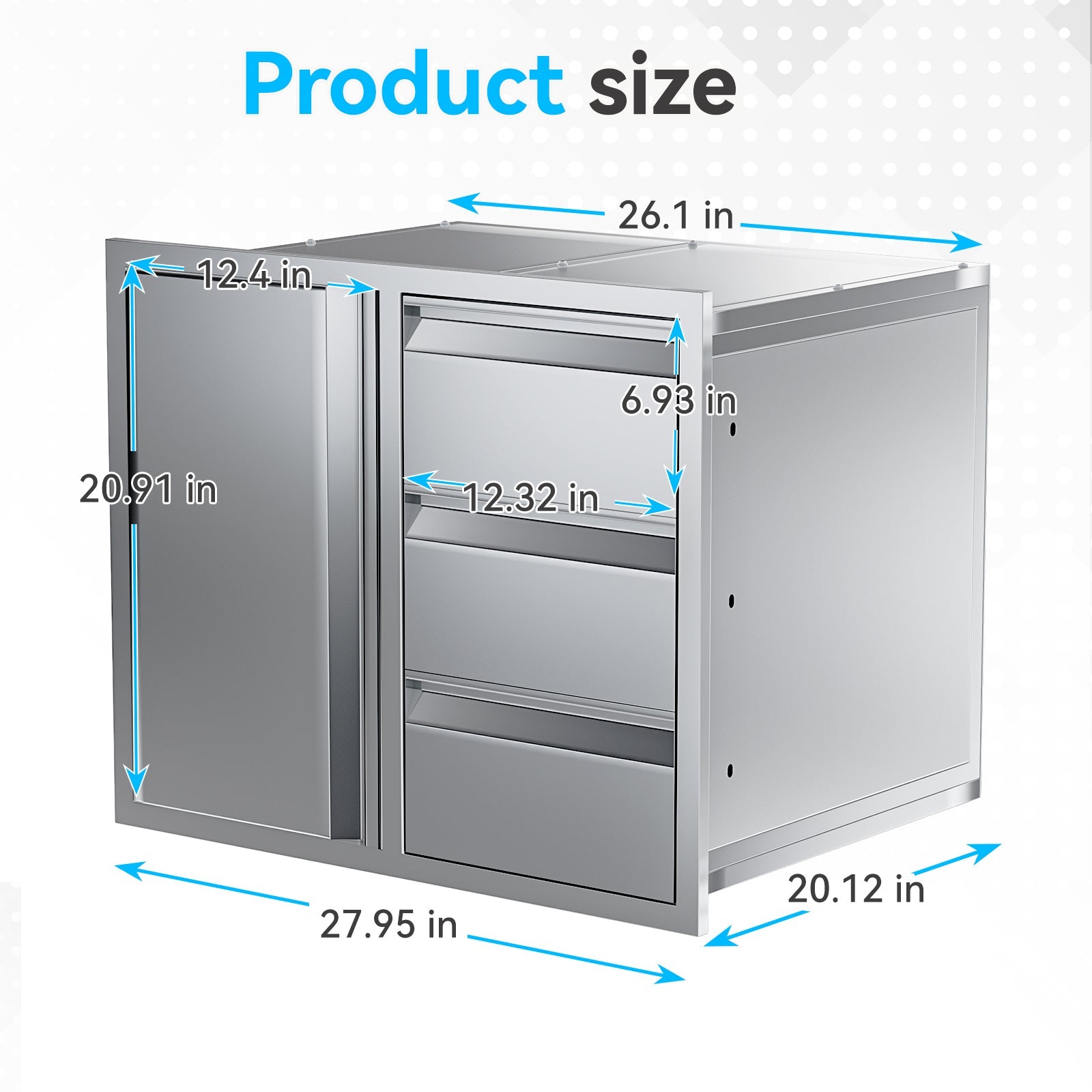 HOMREST Outdoor Kitchen Drawer and Trash Bin Combo - 28"Wx20"Dx23"H Built-in 304 Stainless Steel Cabinet with Triple Drawers & Pull-Out Trash Drawer, Silver