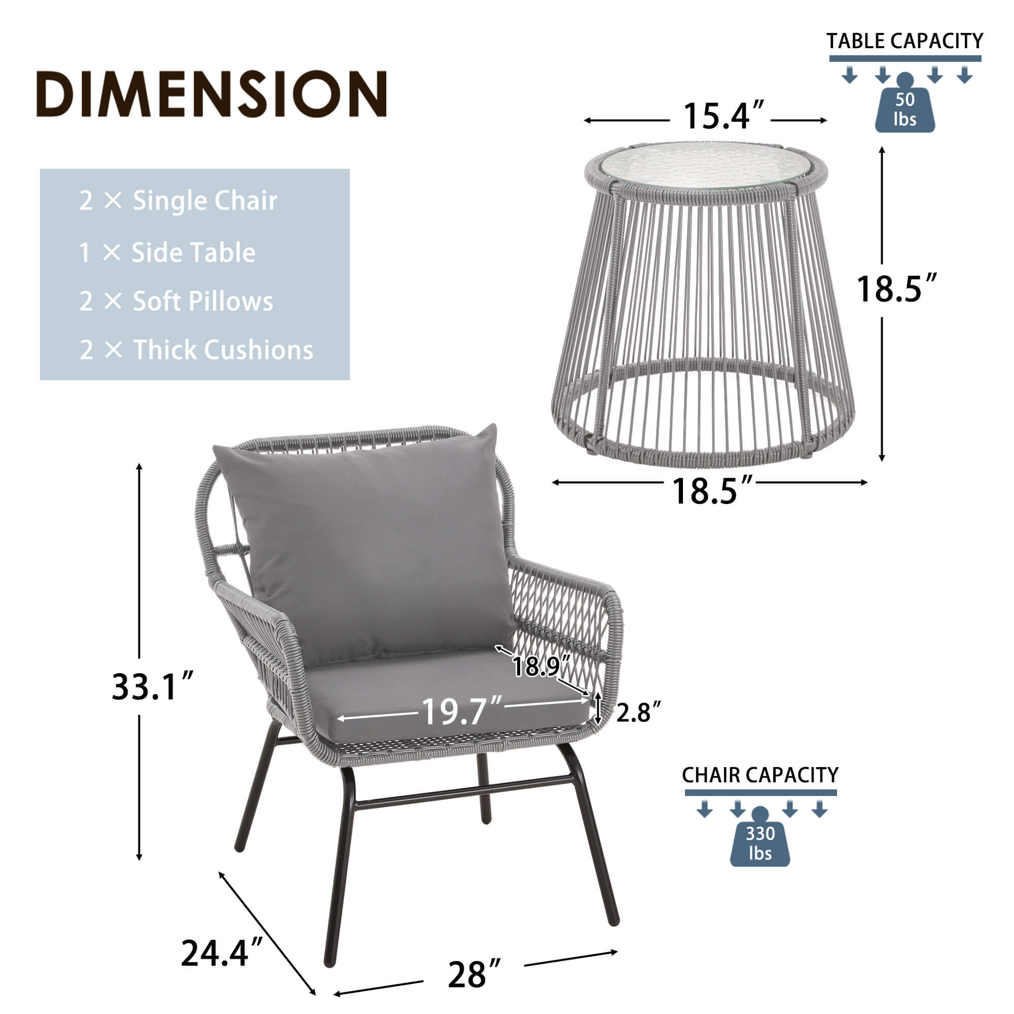 HOMREST 3-Piece Patio Bistro Set with Glass Top Table & 2 Ergonomic Armchairs, Black, Gray