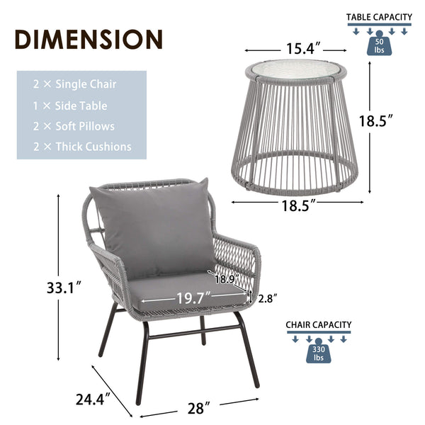 HOMREST 3-Piece Patio Bistro Set with Glass Top Table & 2 Ergonomic Armchairs, Black, Gray